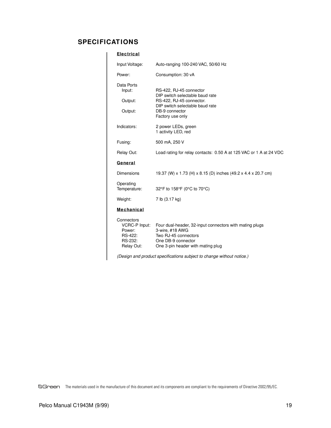 Pelco c1943m operation manual Specifications, Electrical 