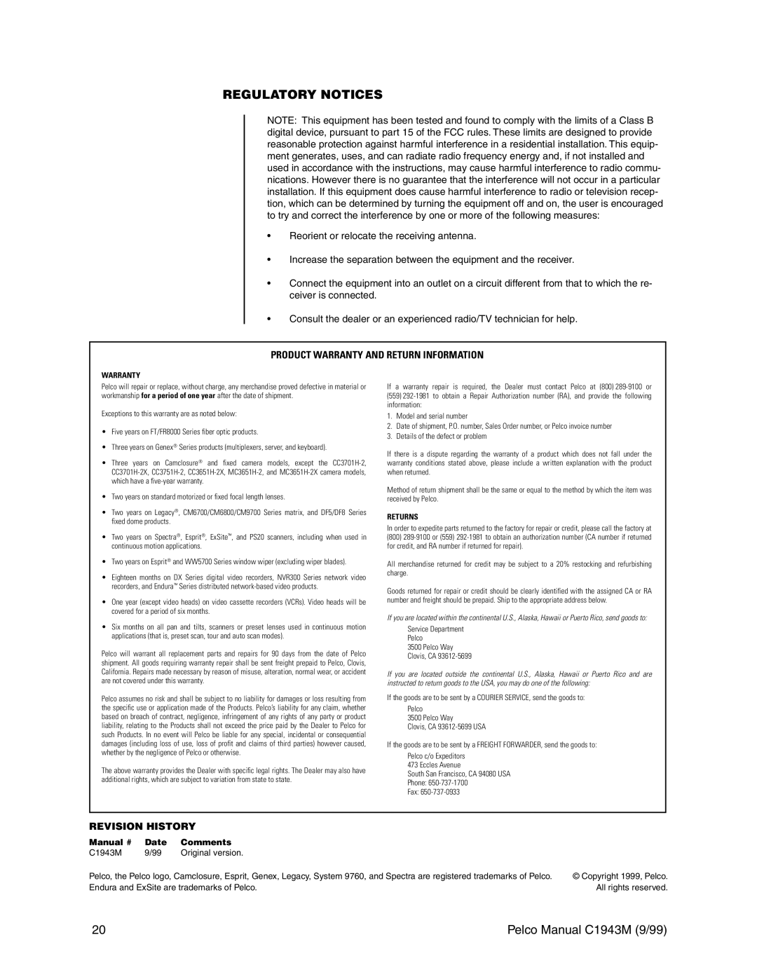 Pelco c1943m operation manual Regulatory Notices, Product Warranty and Return Information 