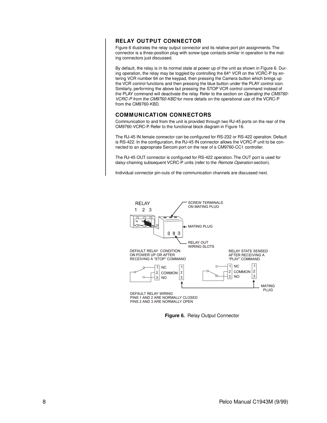 Pelco c1943m operation manual Relay Output Connector, Communication Connectors 