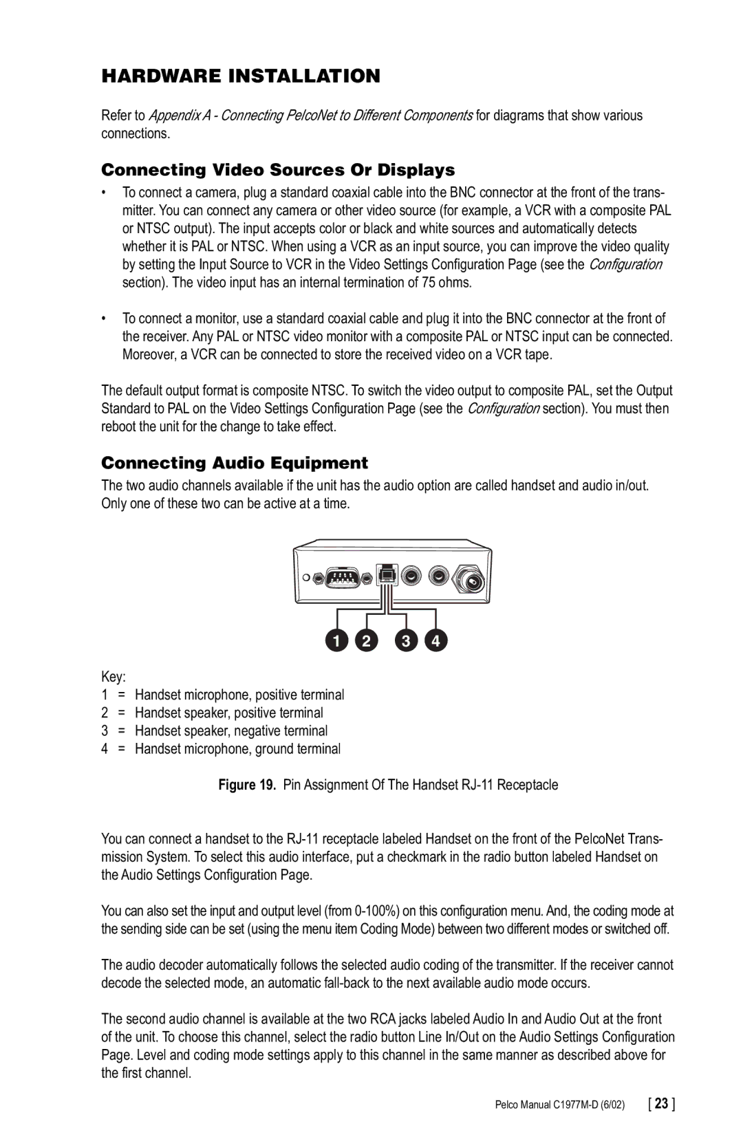 Pelco C1977M-D manual Hardware Installation, Connecting Video Sources Or Displays, Connecting Audio Equipment 