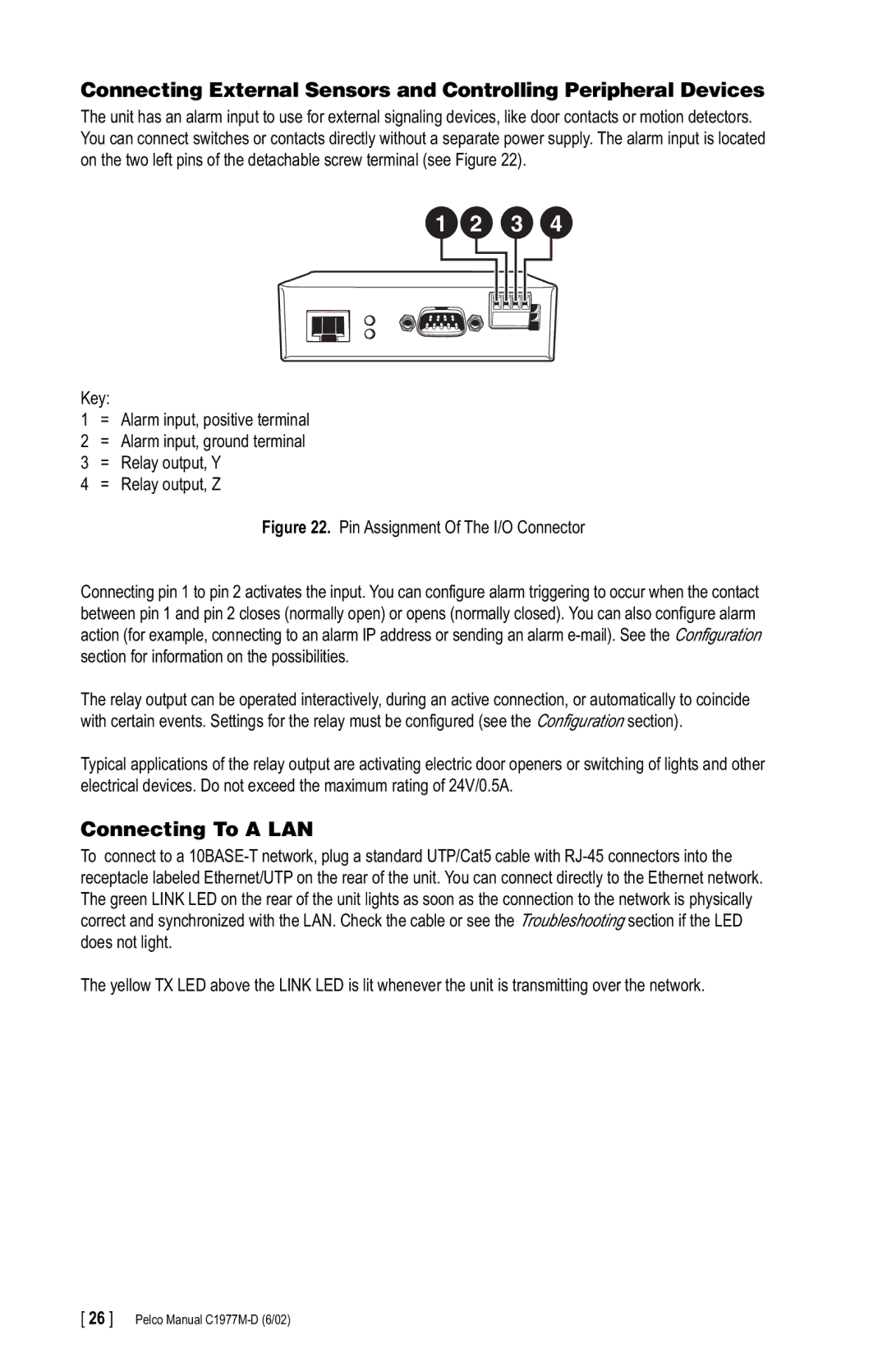 Pelco C1977M-D manual Connecting To a LAN 