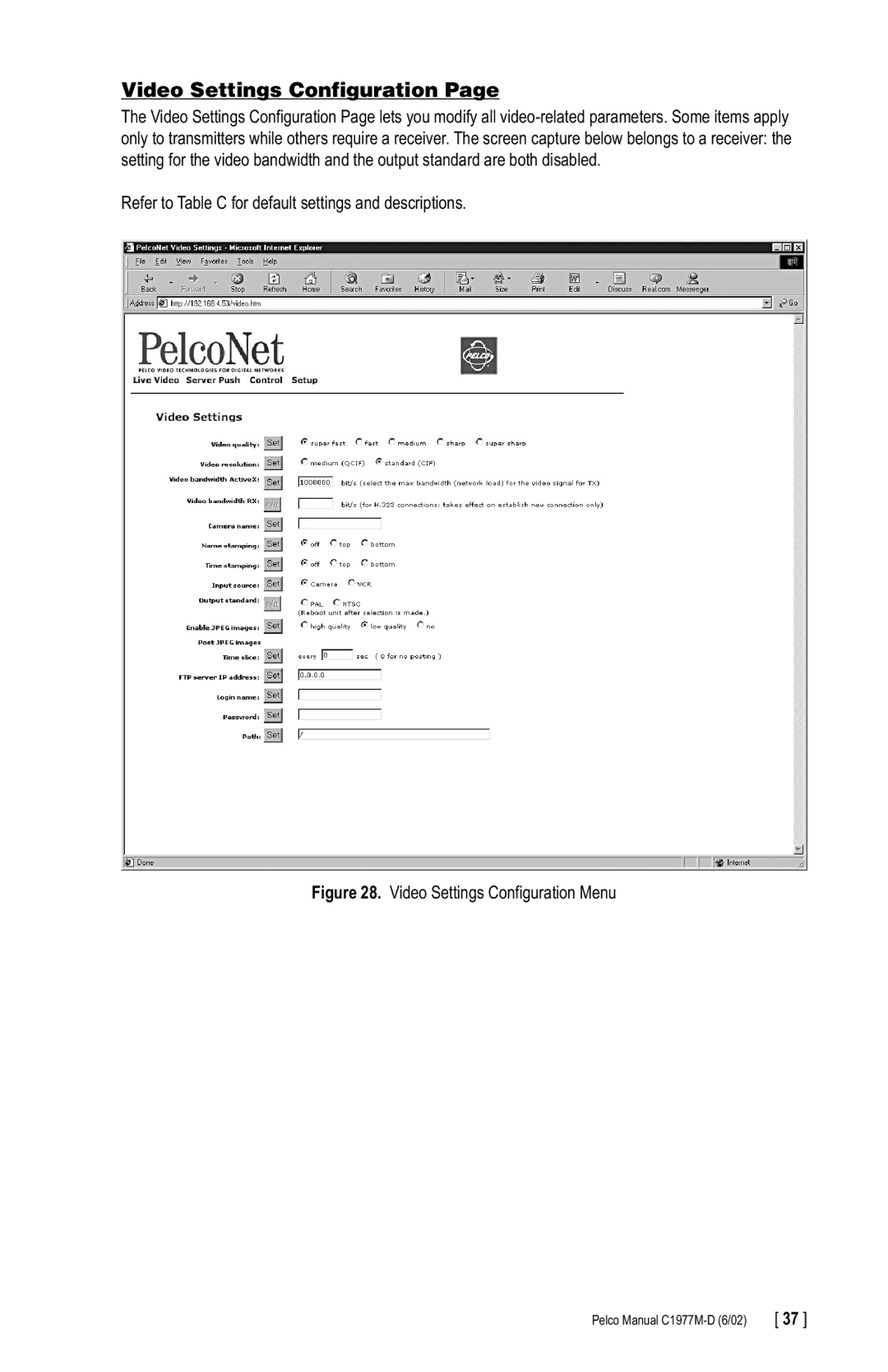 Pelco C1977M-D manual Video Settings Configuration Menu 