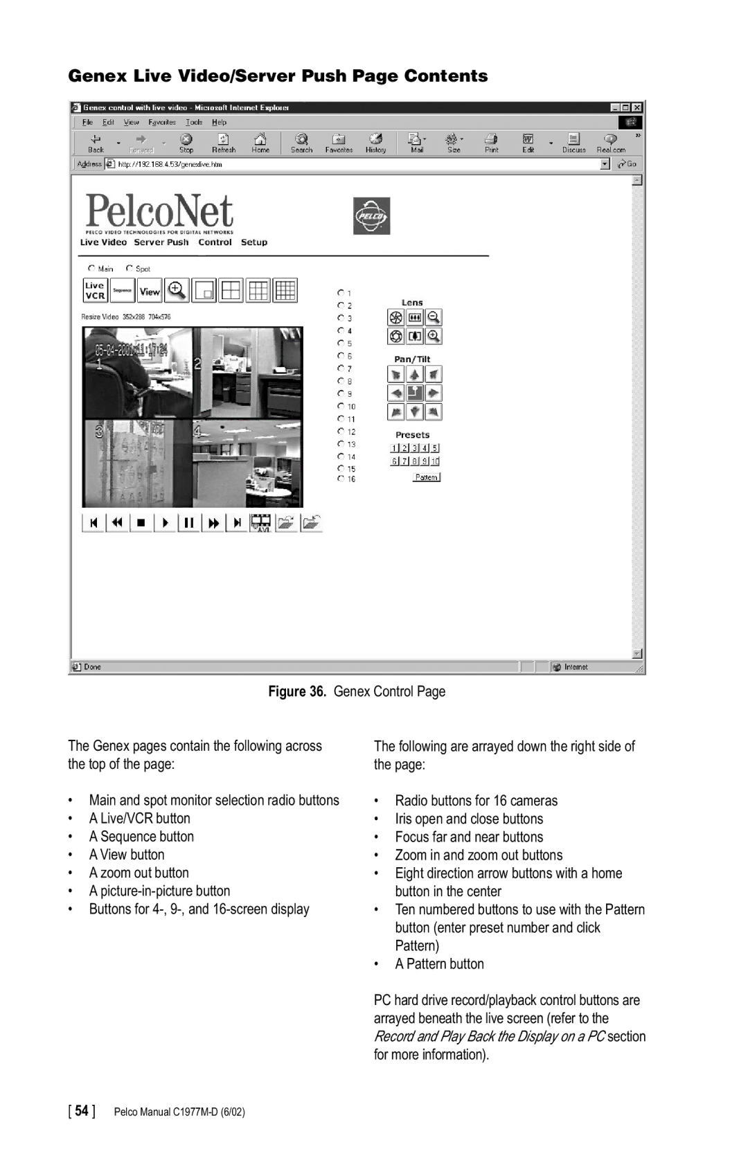 Pelco C1977M-D manual Genex Live Video/Server Push Page Contents 