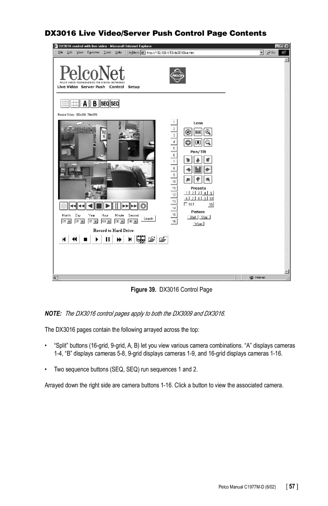 Pelco C1977M-D manual DX3016 Live Video/Server Push Control Page Contents 