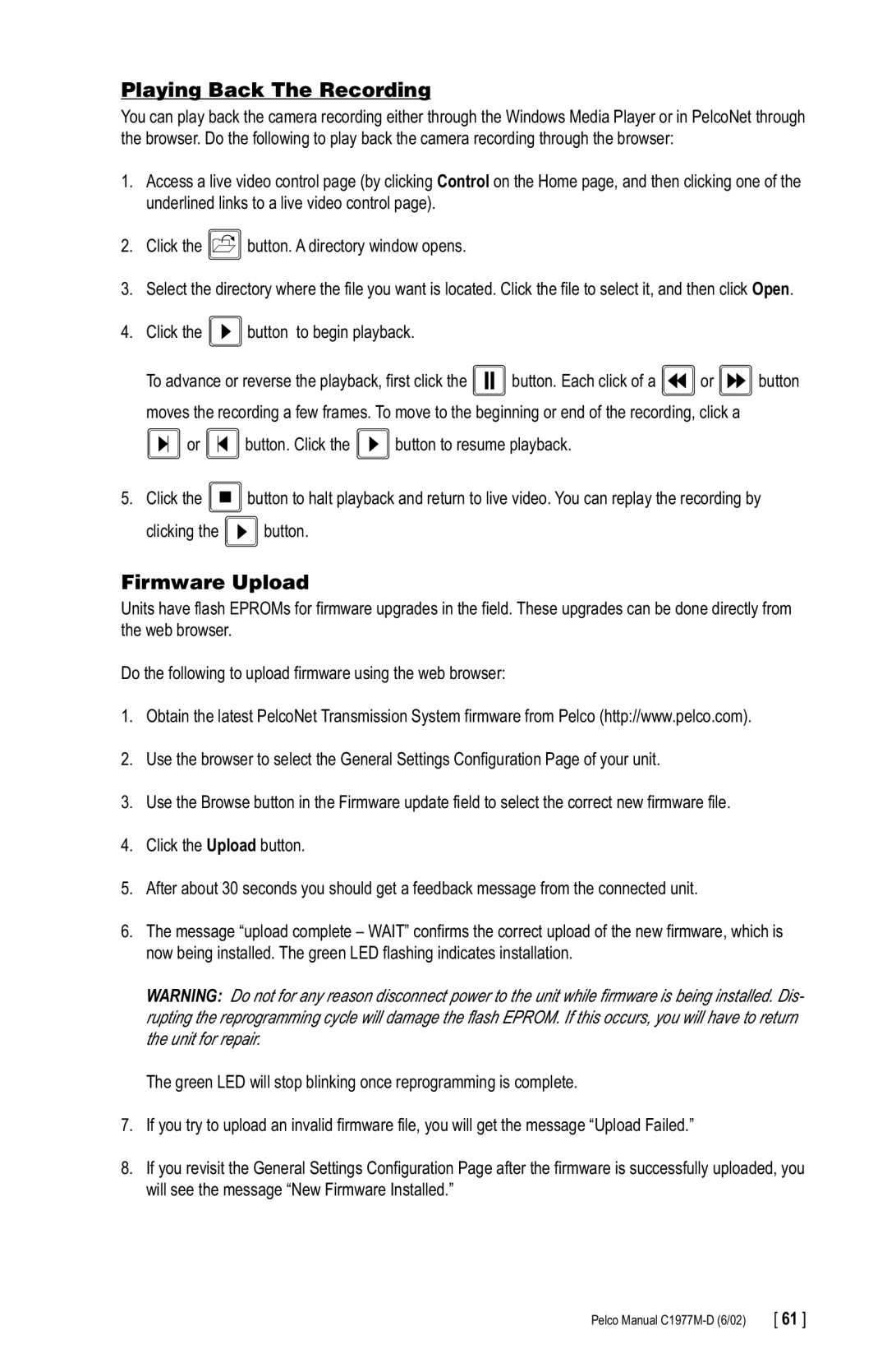 Pelco C1977M-D manual Playing Back The Recording, Firmware Upload 