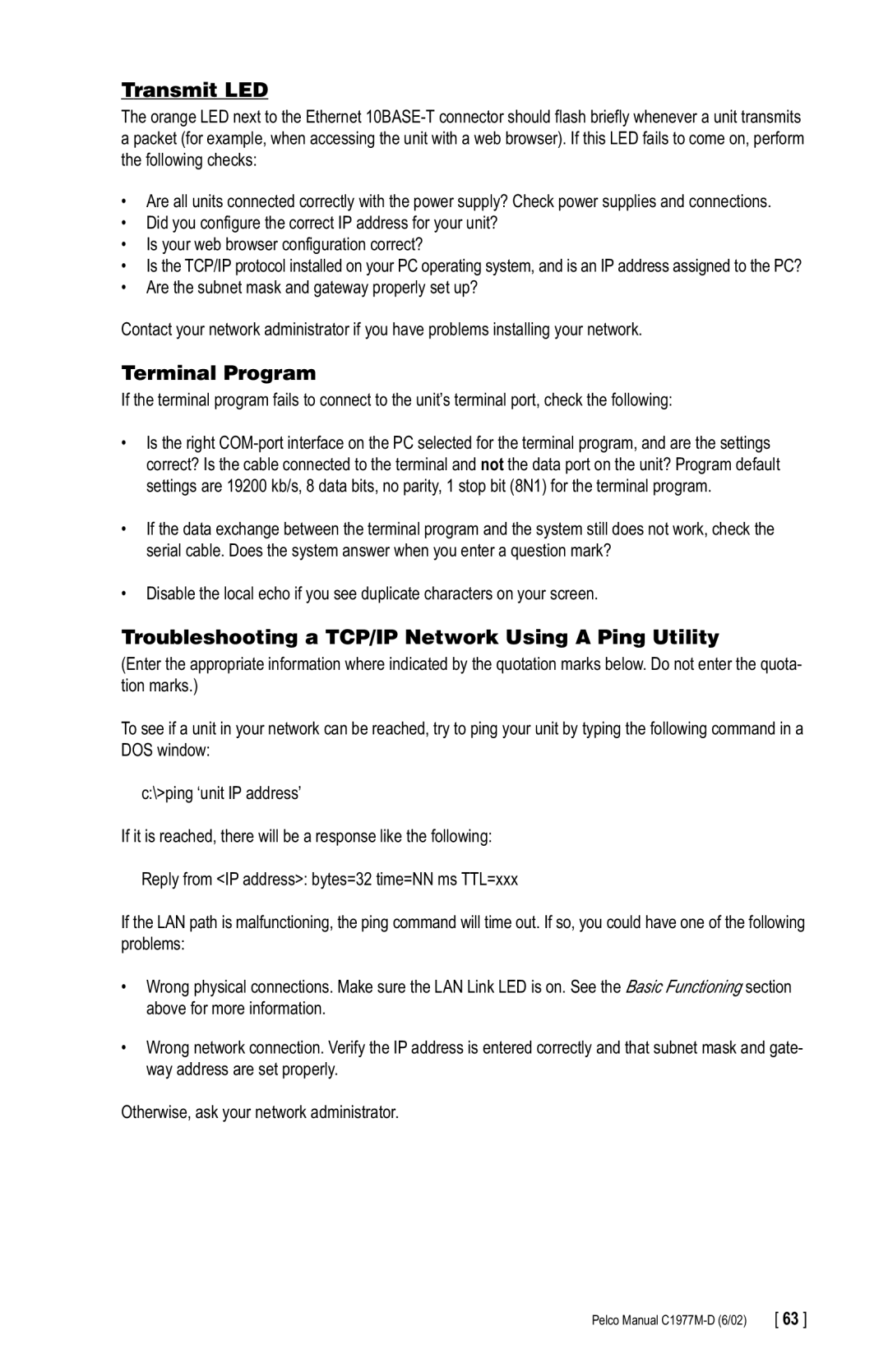 Pelco C1977M-D manual Transmit LED, Terminal Program, Troubleshooting a TCP/IP Network Using a Ping Utility 