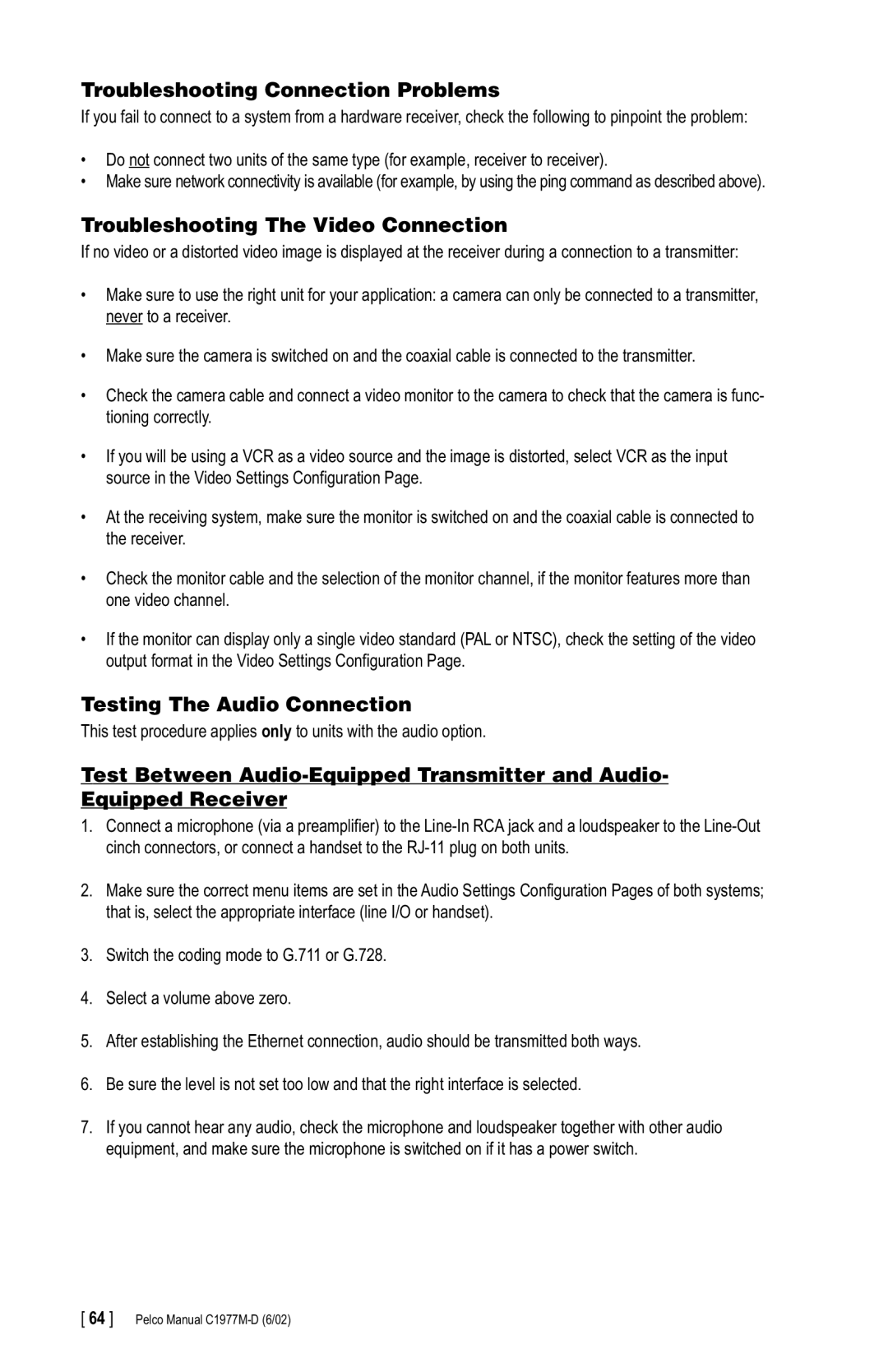 Pelco C1977M-D Troubleshooting Connection Problems, Troubleshooting The Video Connection, Testing The Audio Connection 
