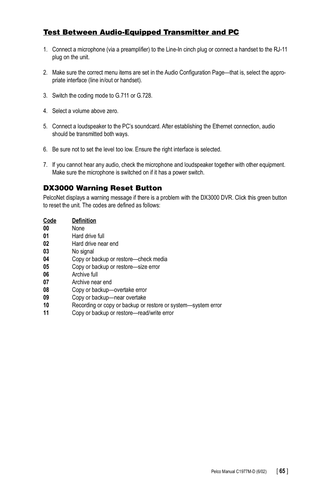 Pelco C1977M-D manual Test Between Audio-Equipped Transmitter and PC, DX3000 Warning Reset Button, Code Definition 