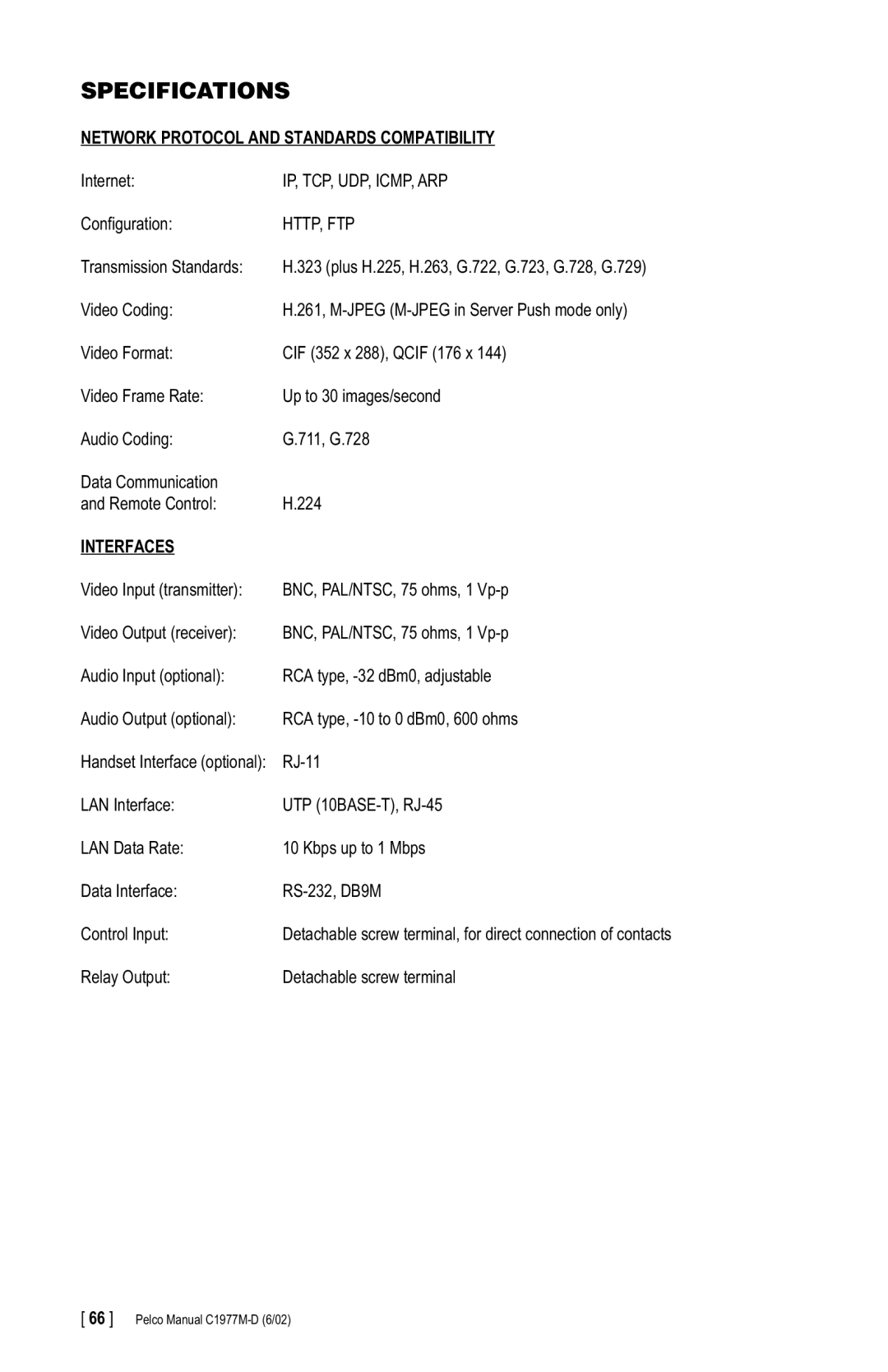 Pelco C1977M-D manual Specifications, Network Protocol and Standards Compatibility 