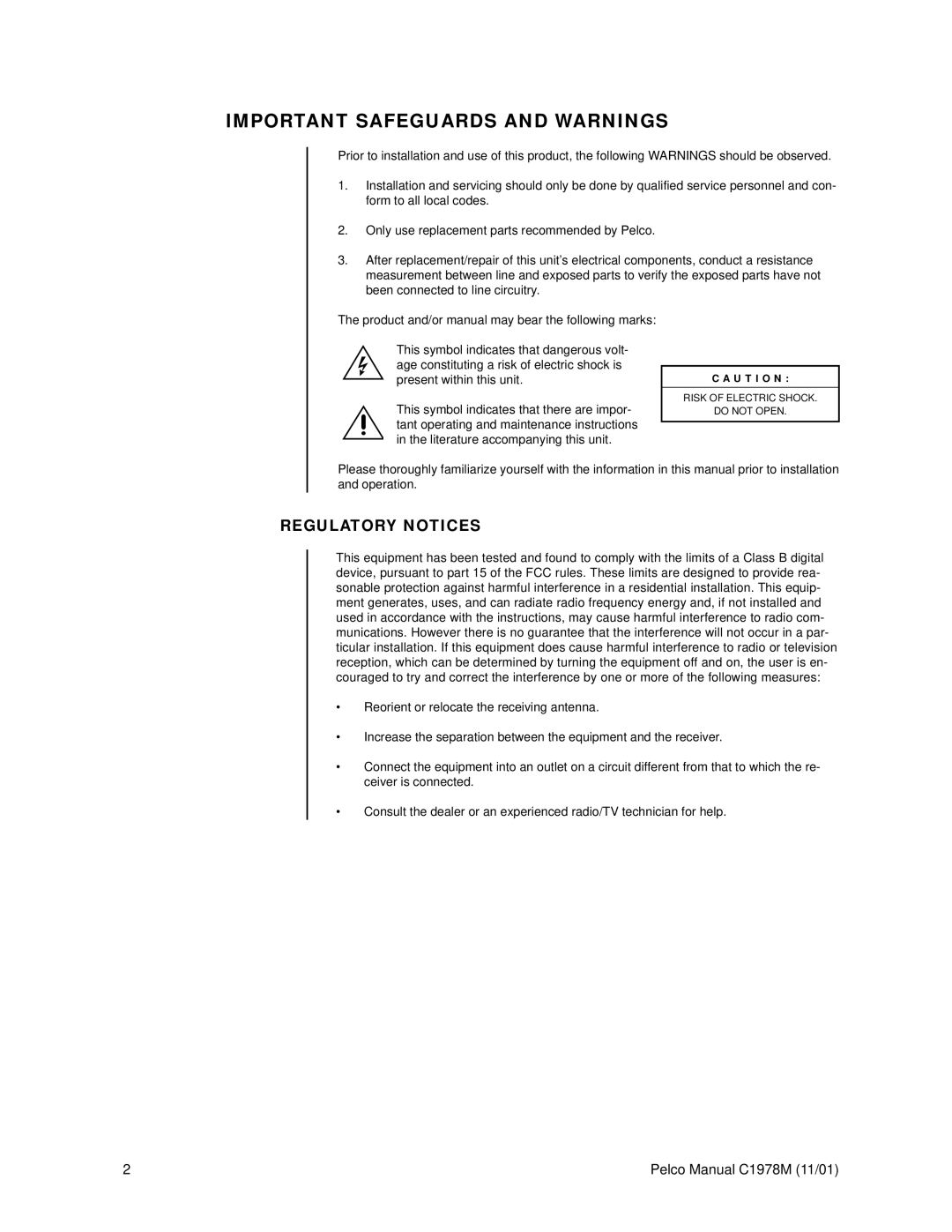 Pelco c1978m operation manual Important Safeguards and Warnings, Regulatory Notices 