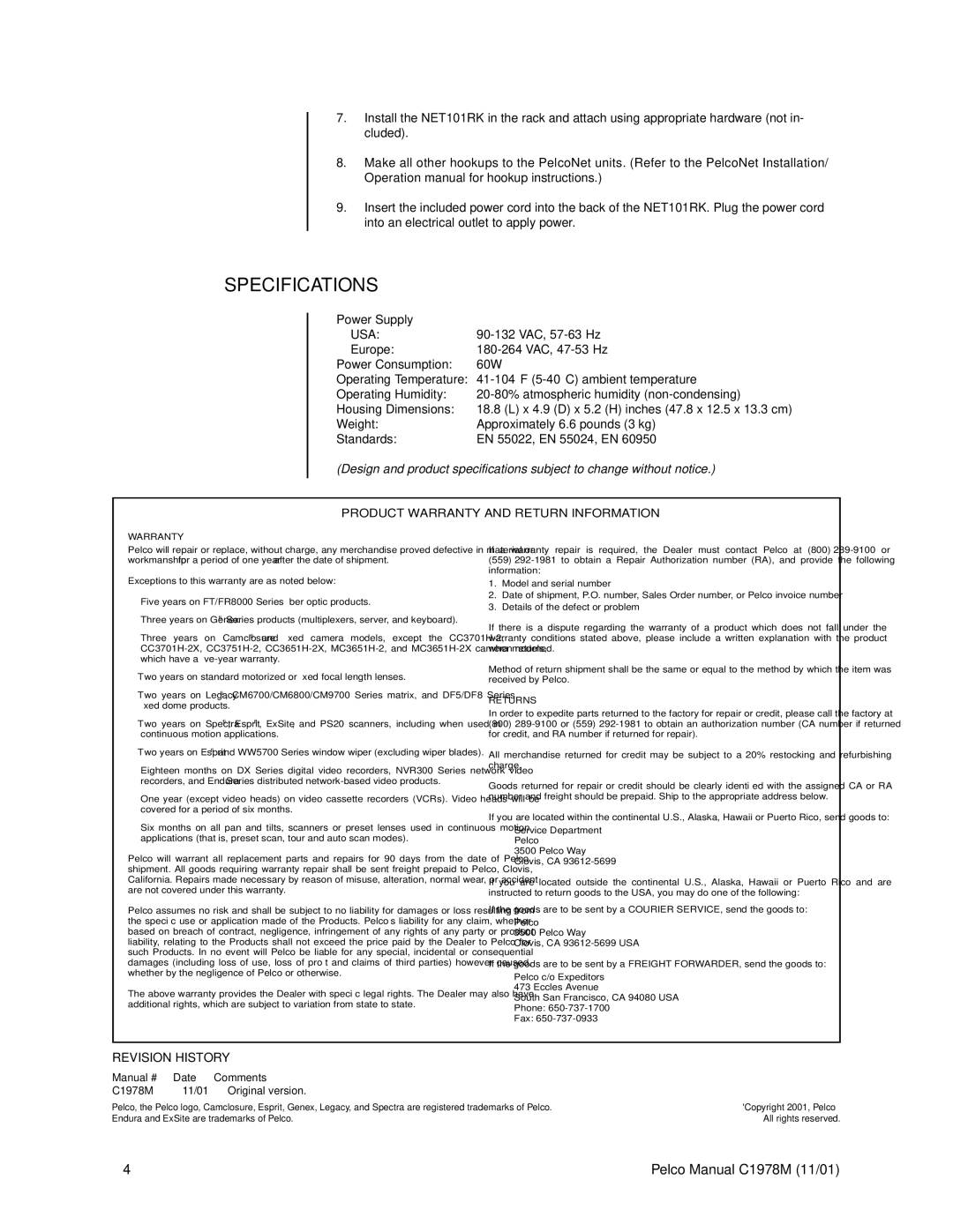 Pelco c1978m operation manual Specifications, Usa 