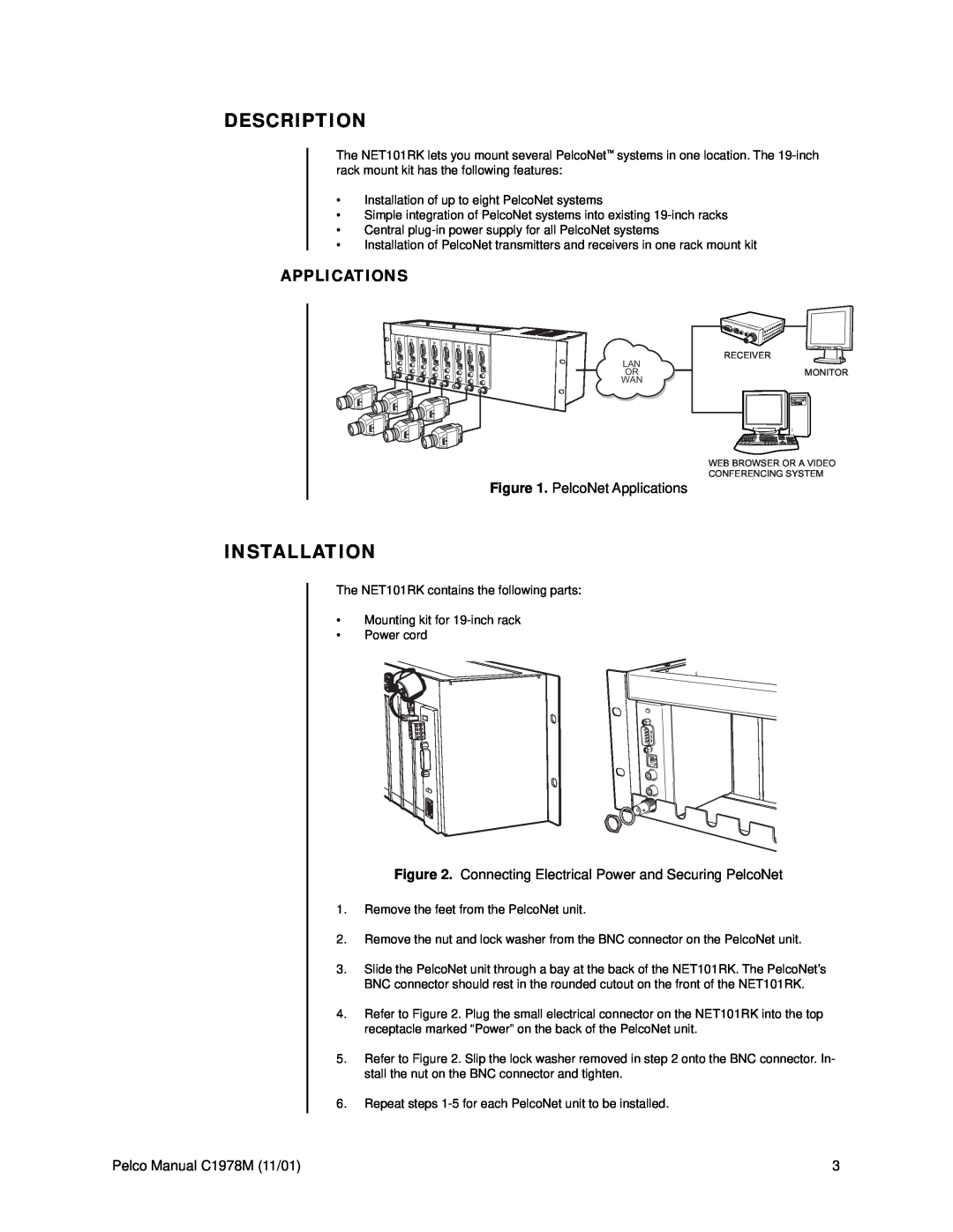 Pelco c1978m operation manual Description, Installation, PelcoNet Applications, Pelco Manual C1978M 11/01 