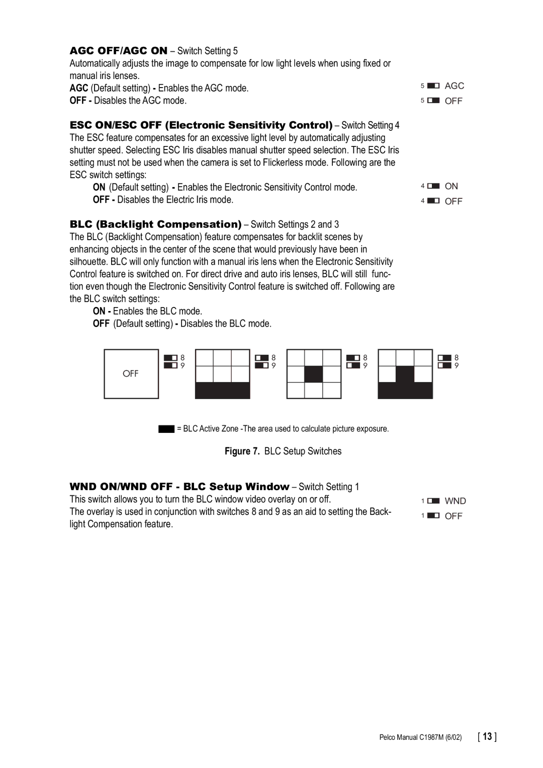 Pelco C1987M manual BLC Backlight Compensation Switch Settings 2, BLC Setup Switches 