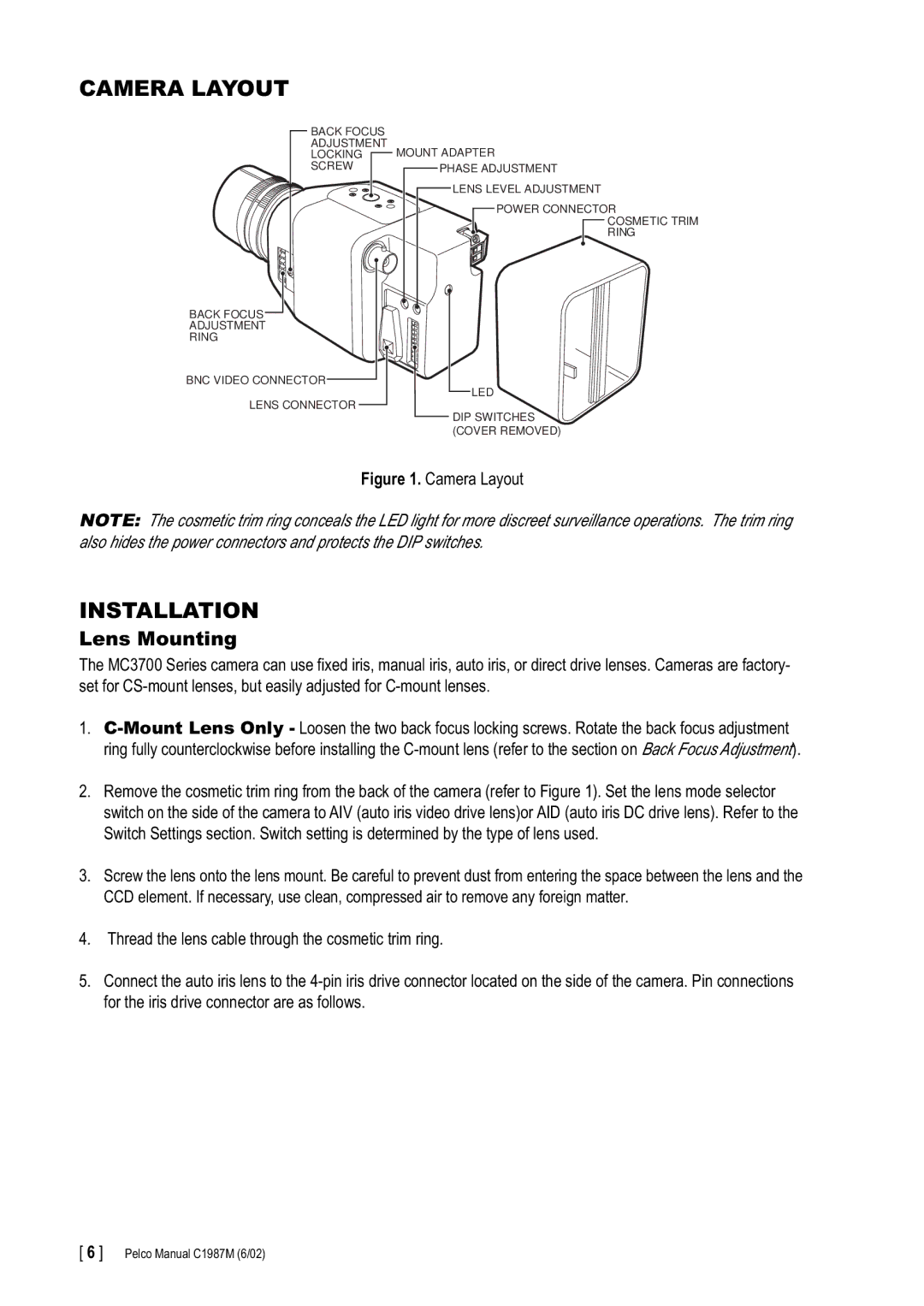 Pelco C1987M manual Camera Layout, Installation 