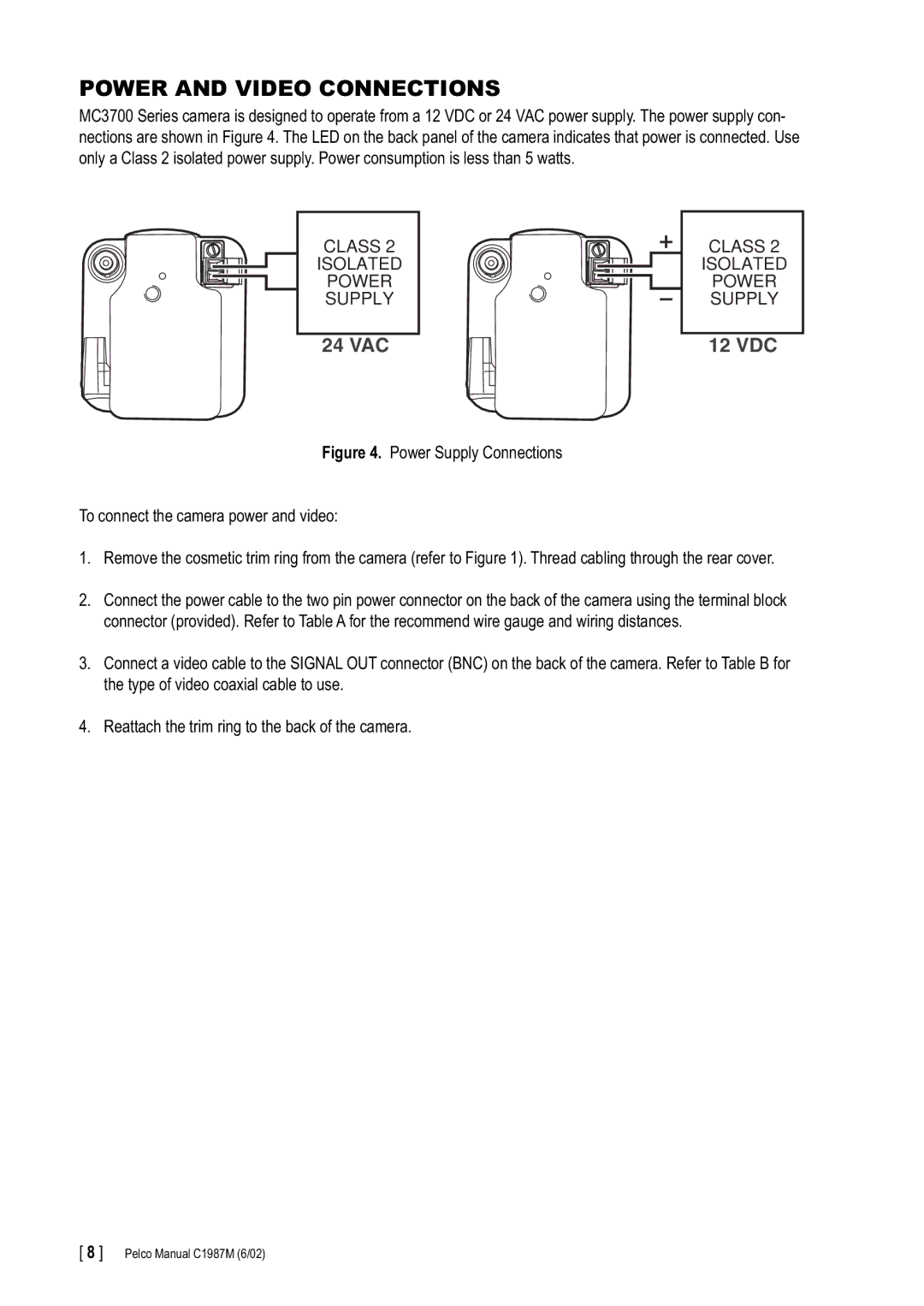Pelco C1987M manual Power and Video Connections, 12 VDC 