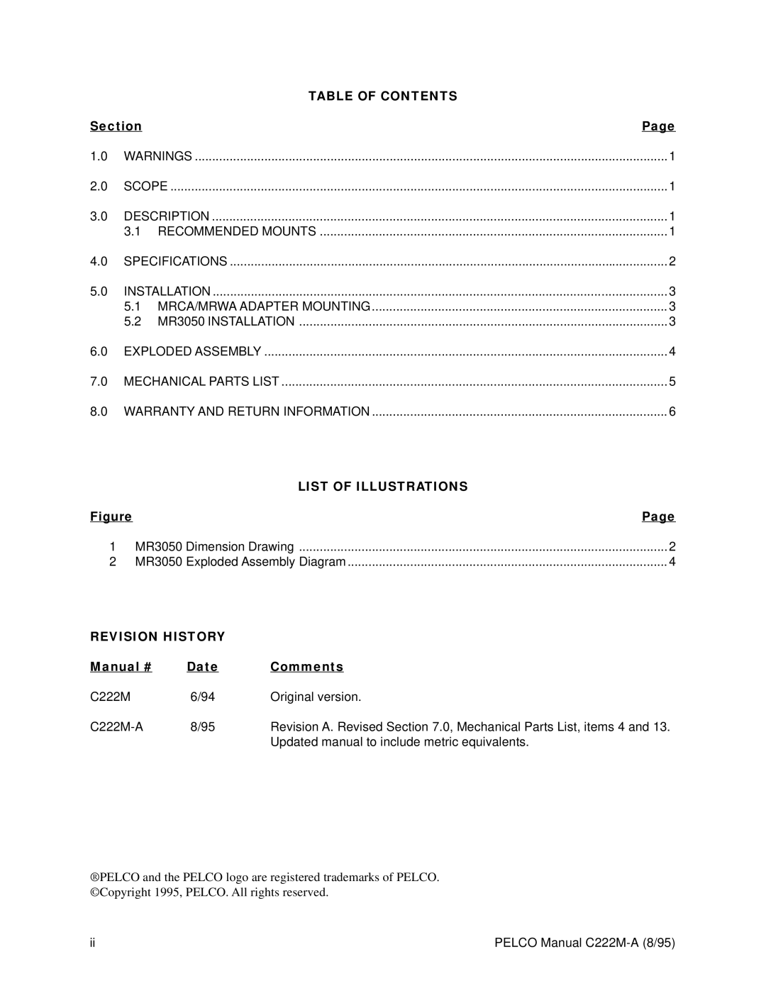 Pelco C222M-A operation manual Table of Contents, List of Illustrations, Revision History 