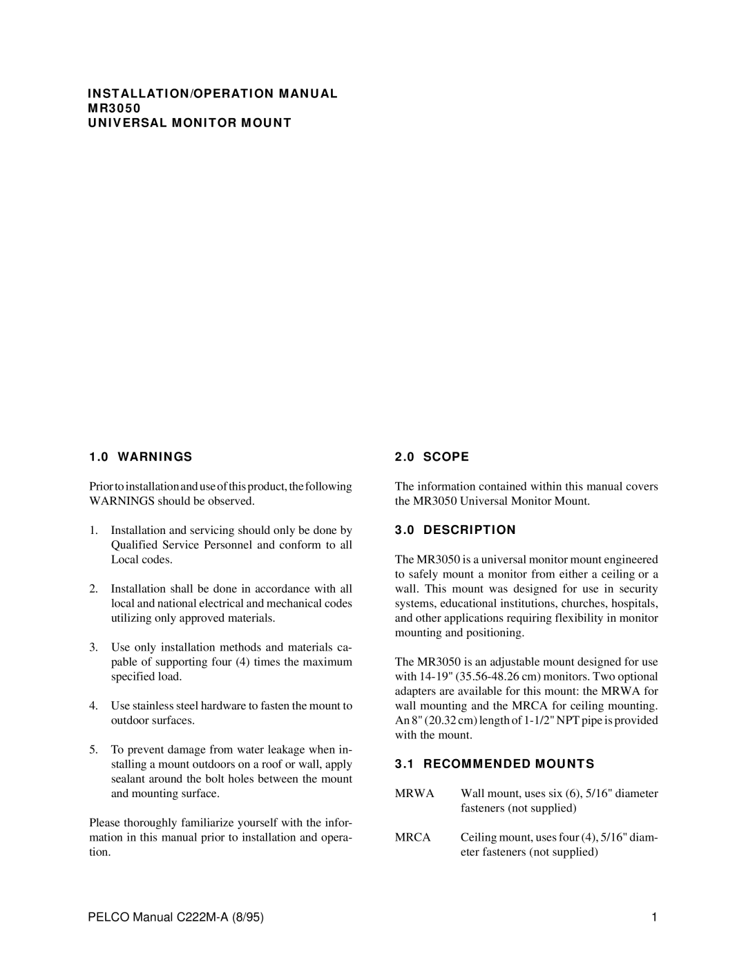 Pelco C222M-A operation manual Universal Monitor Mount, Scope, Description, Recommended Mounts 