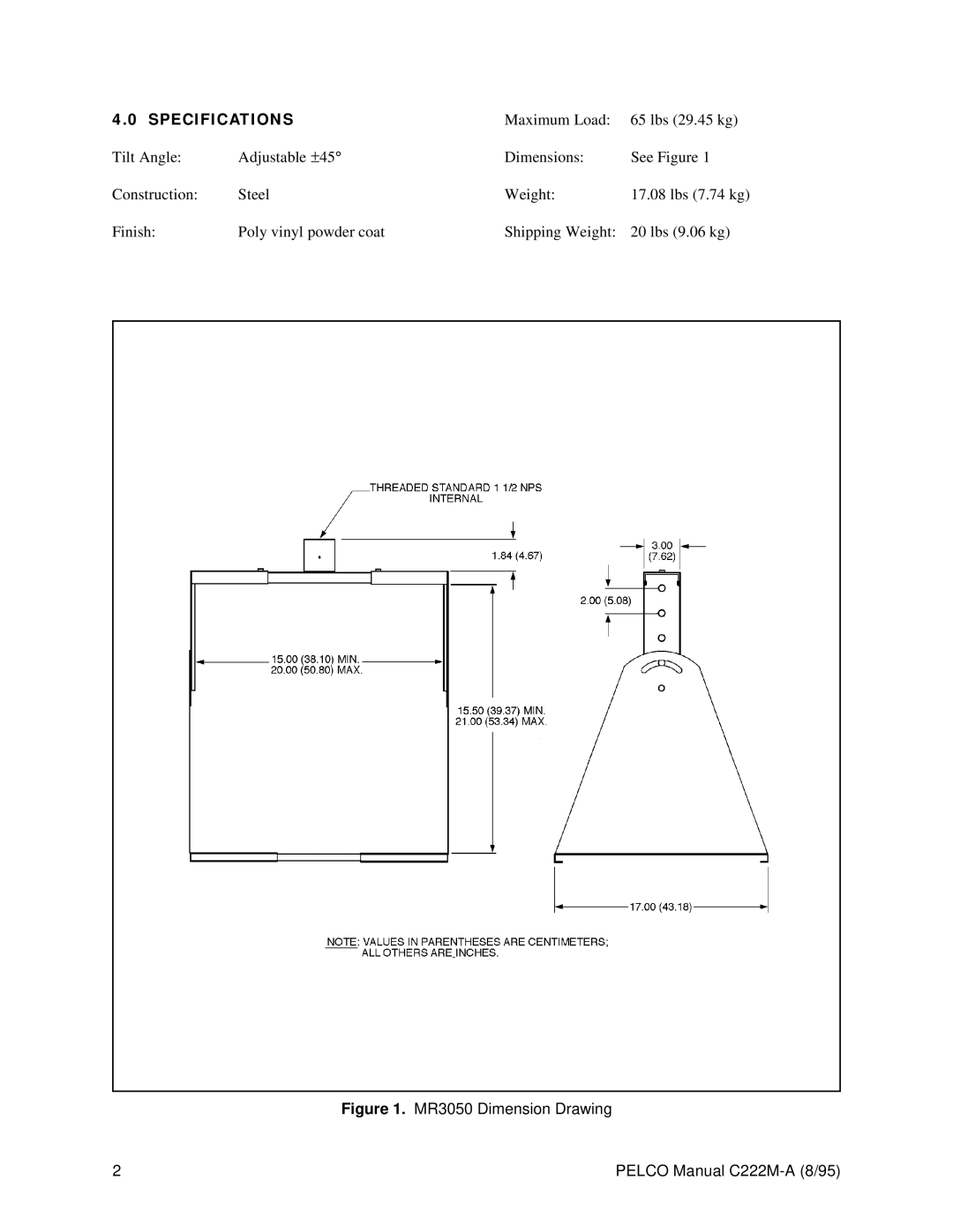 Pelco operation manual Specifications, MR3050 Dimension Drawing Pelco Manual C222M-A 8/95 