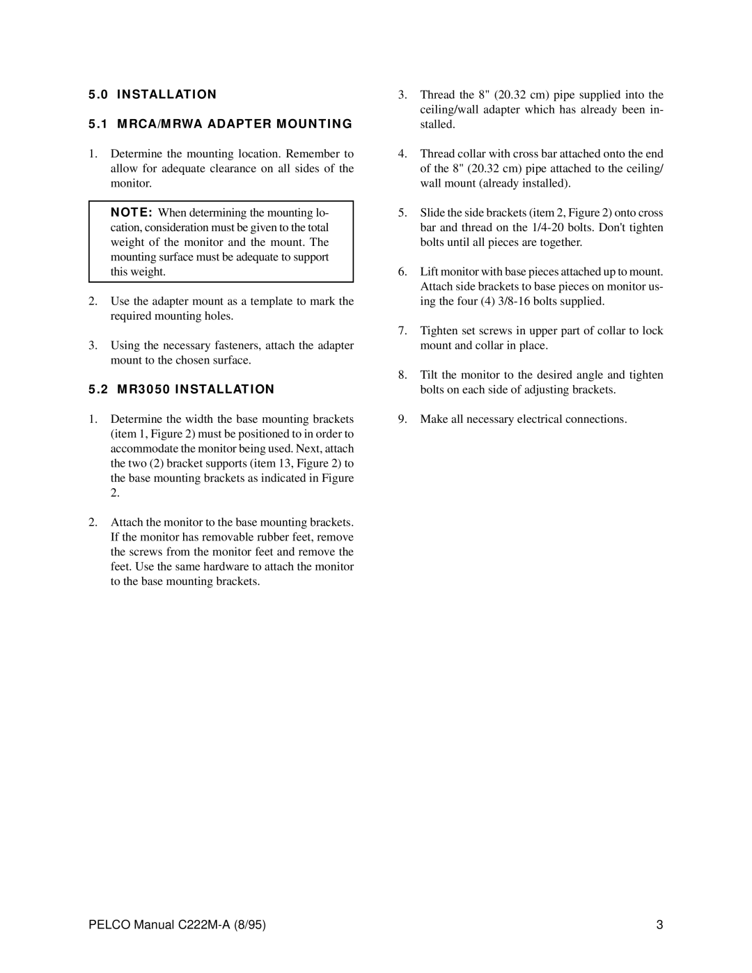 Pelco C222M-A operation manual Installation MRCA/MRWA Adapter Mounting, MR3050 Installation 