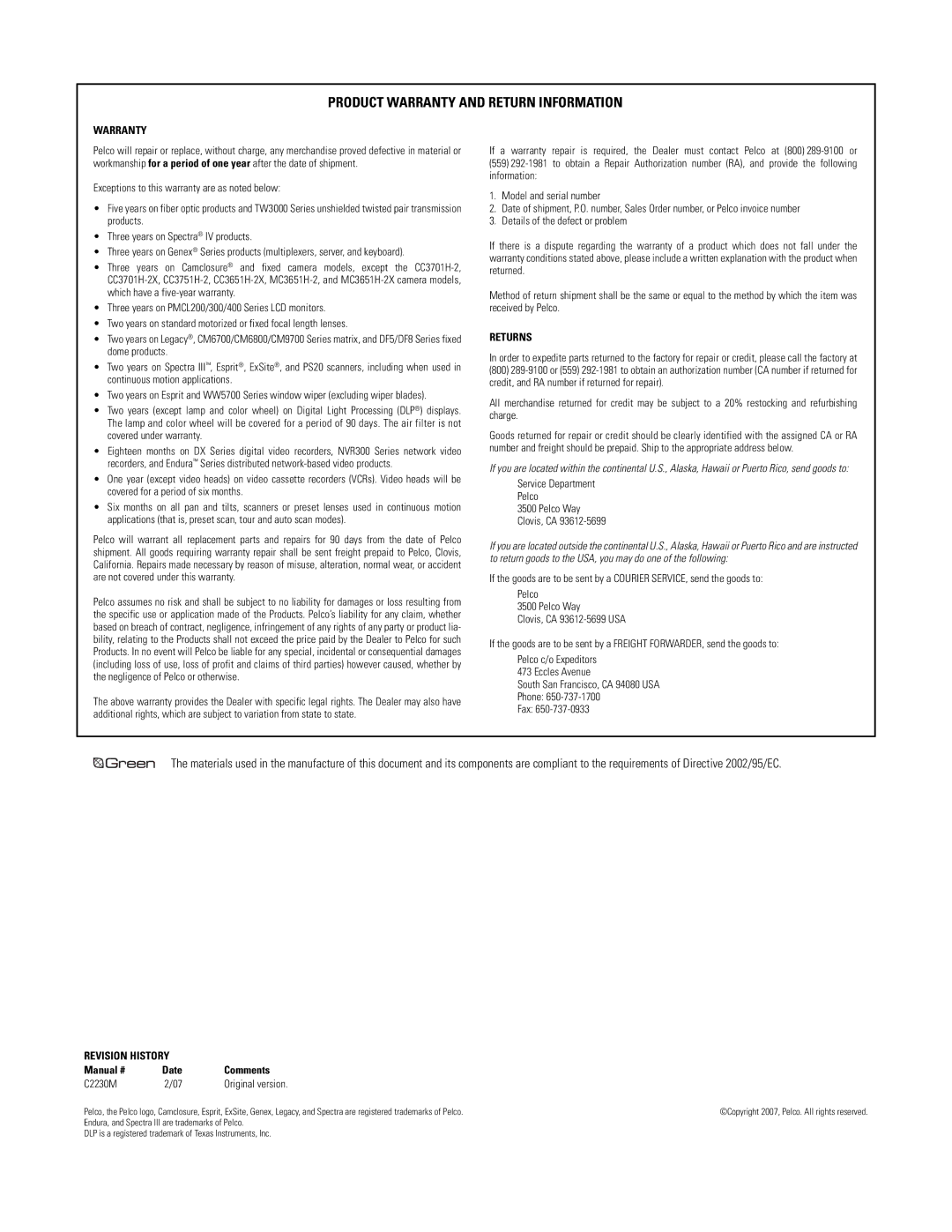 Pelco C2230M manual Product Warranty and Return Information 