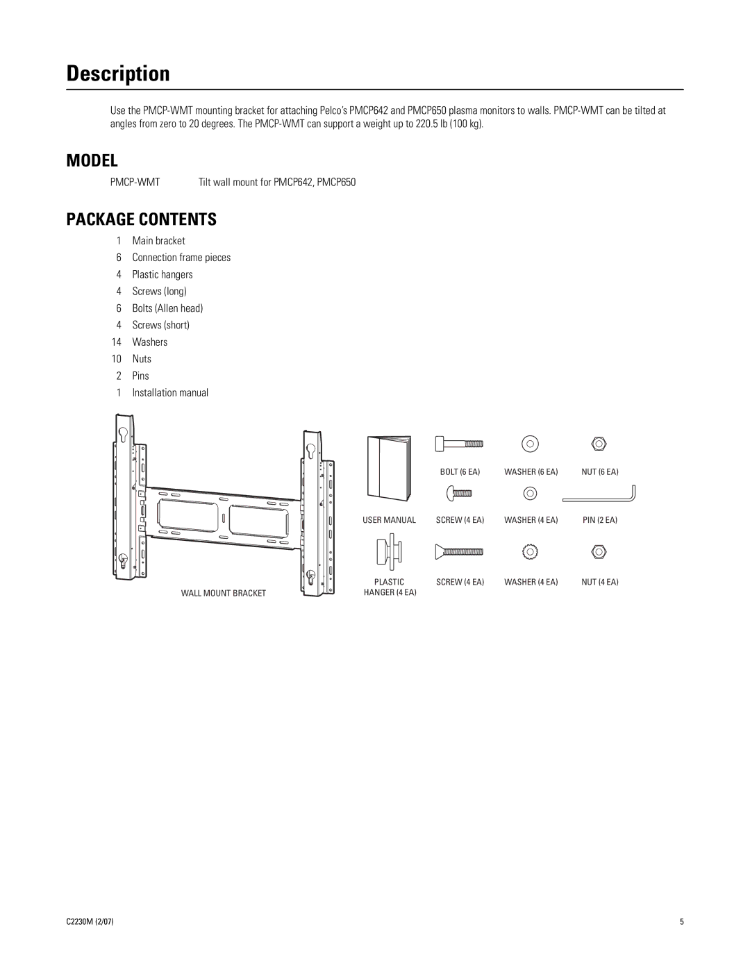 Pelco C2230M manual Description, Model, Package Contents 