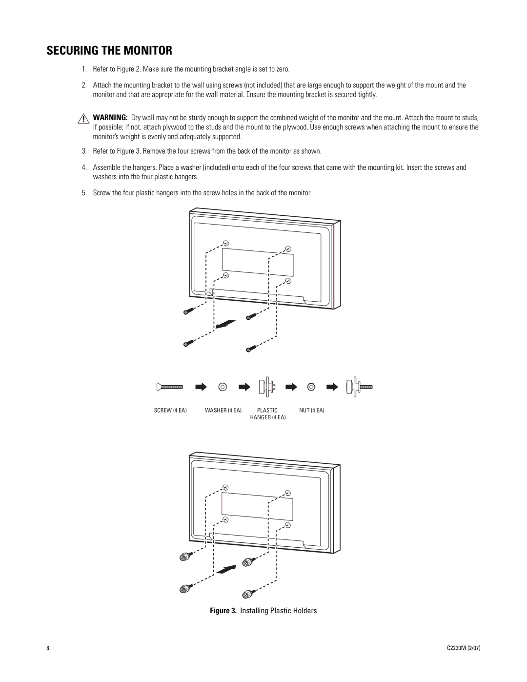 Pelco C2230M manual Securing the Monitor, Installing Plastic Holders 