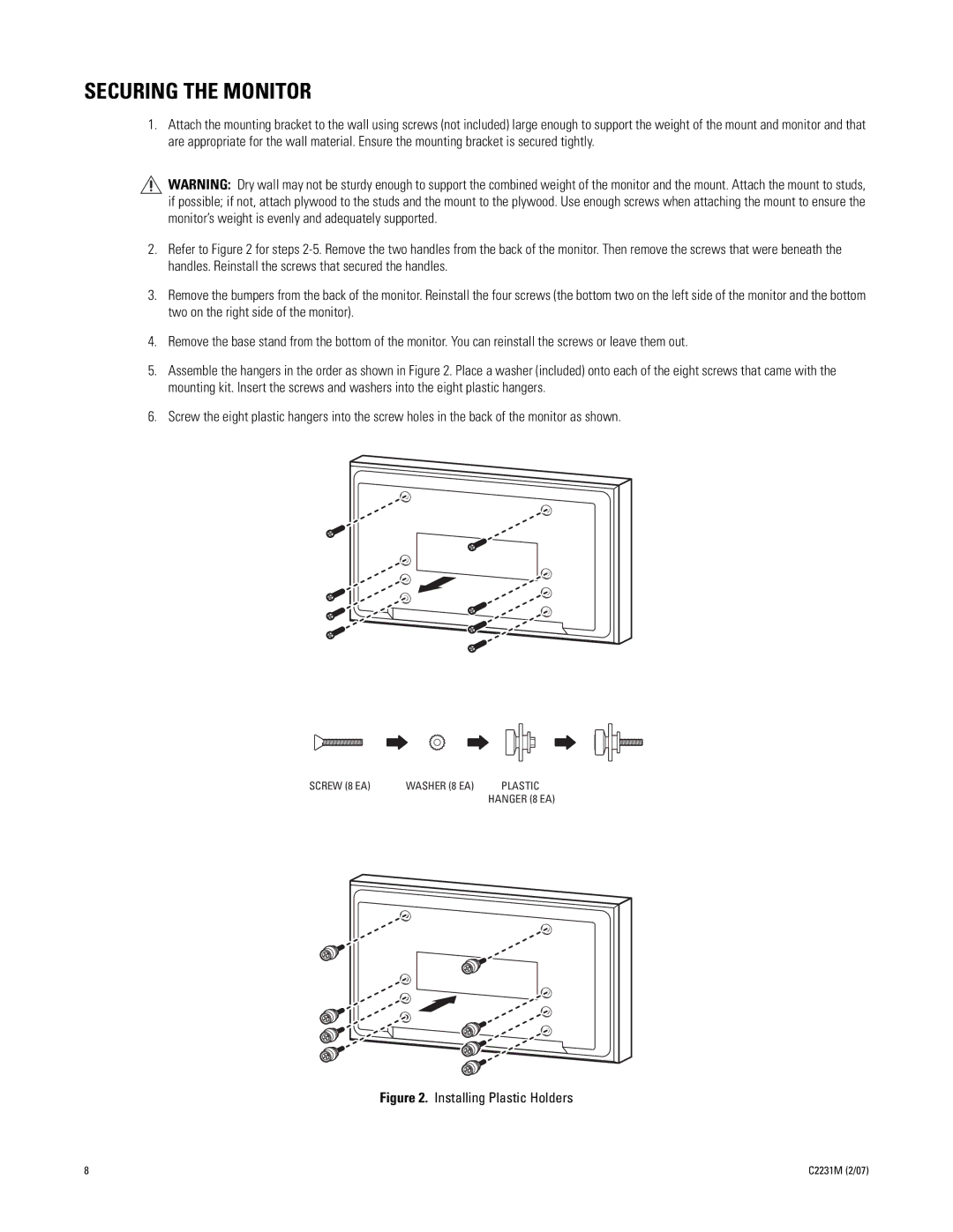 Pelco c2231m manual Securing the Monitor, Screw 8 EA Washer 8 EA 