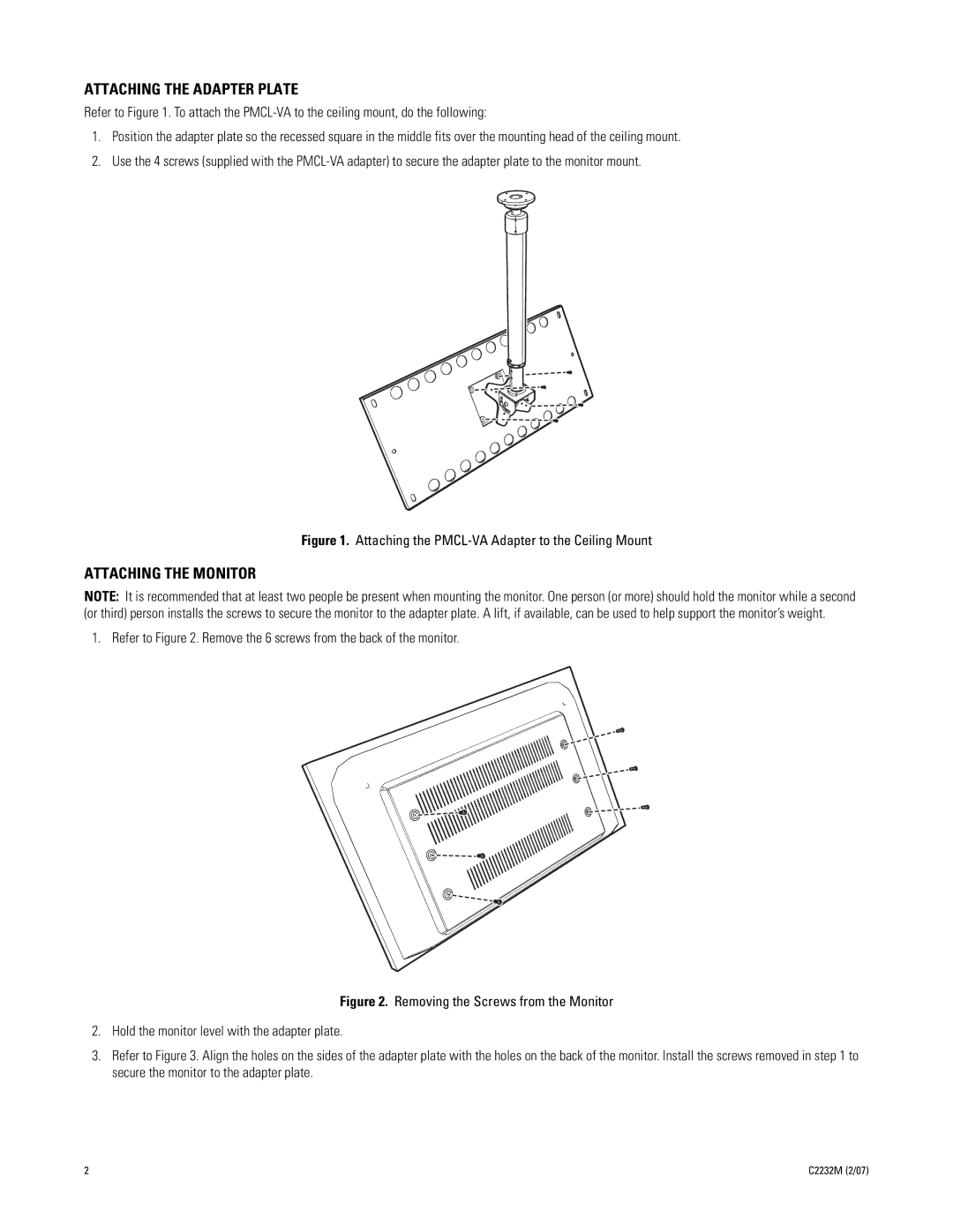 Pelco C2232M important safety instructions Attaching the Adapter Plate, Attaching the Monitor 