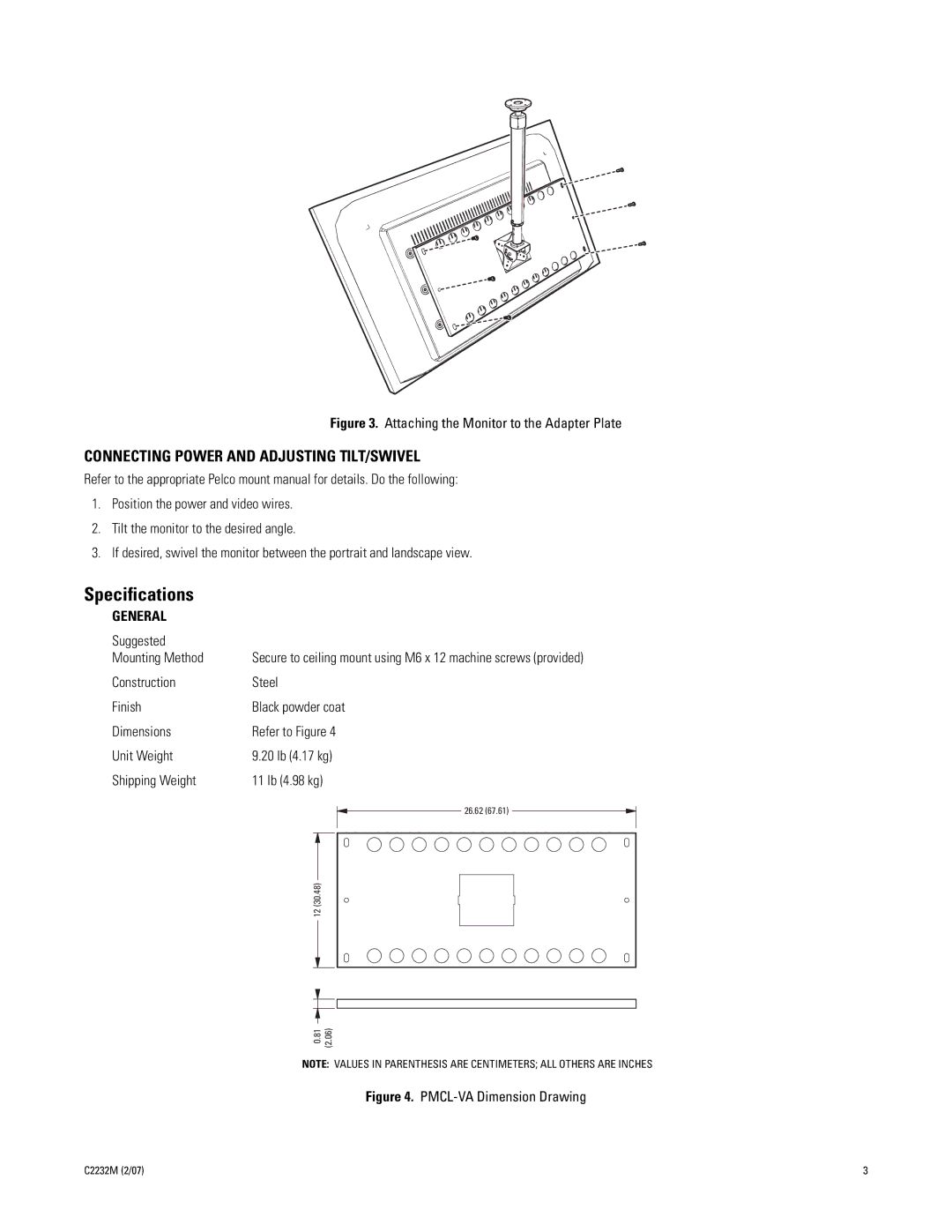 Pelco C2232M important safety instructions Specifications, Connecting Power and Adjusting TILT/SWIVEL, General 