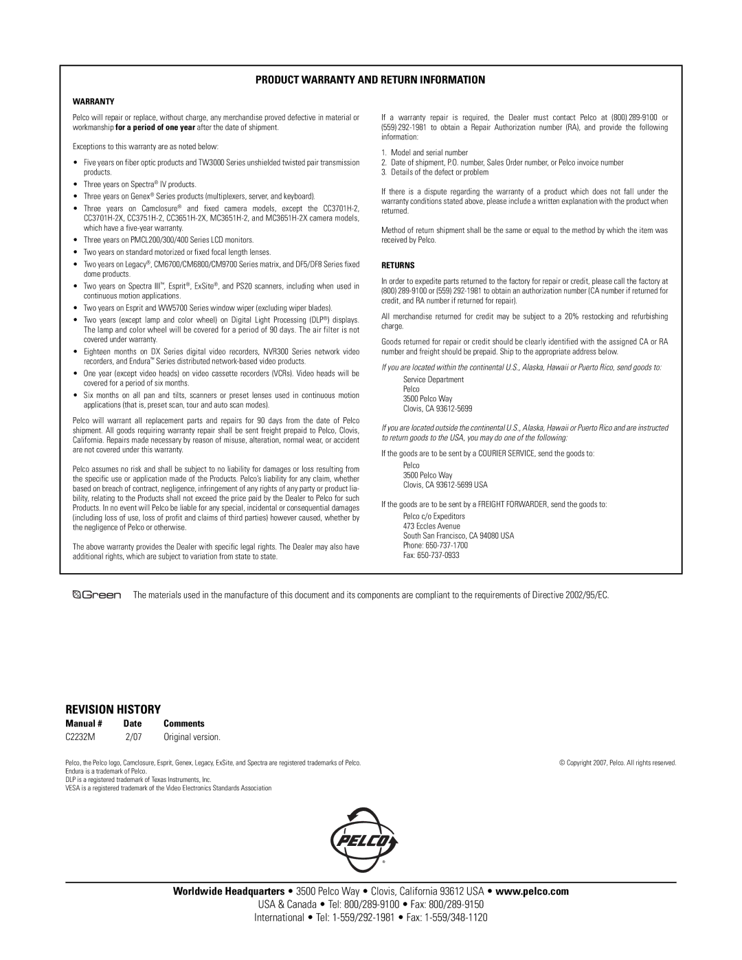 Pelco C2232M important safety instructions Revision History, Product Warranty and Return Information 