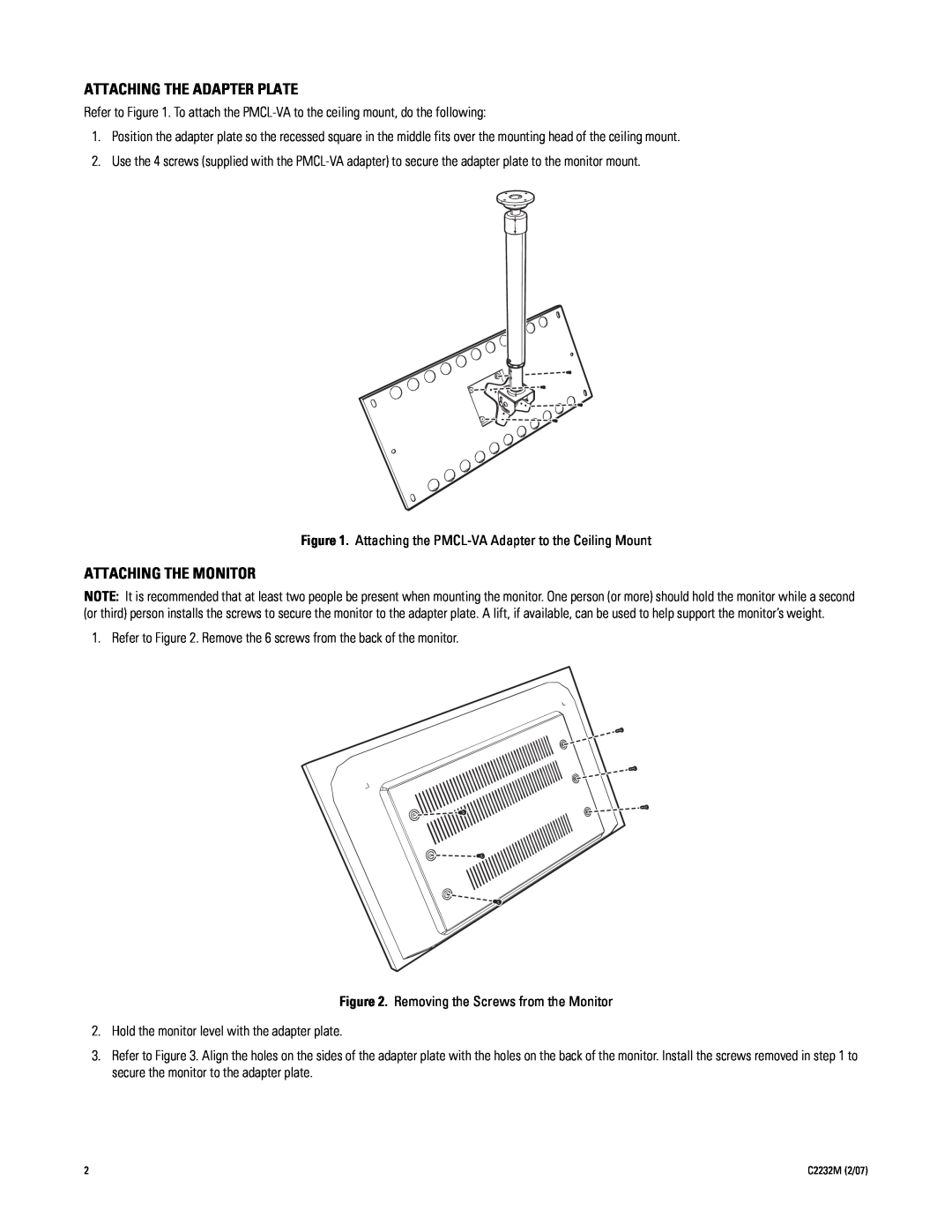Pelco C2232M important safety instructions Attaching The Adapter Plate, Attaching The Monitor 