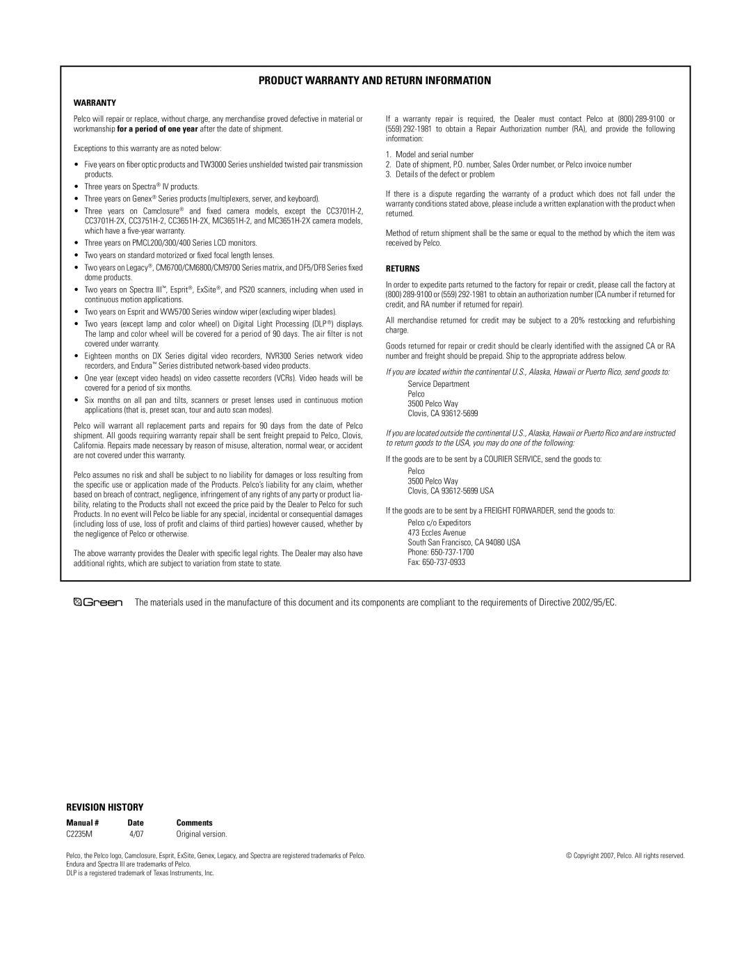 Pelco c2235m important safety instructions Product Warranty and Return Information 