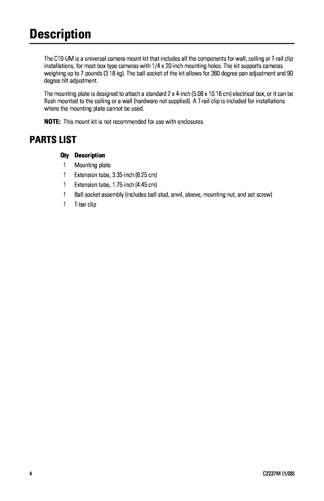 Pelco C2237M manual Parts List, Qty Description 