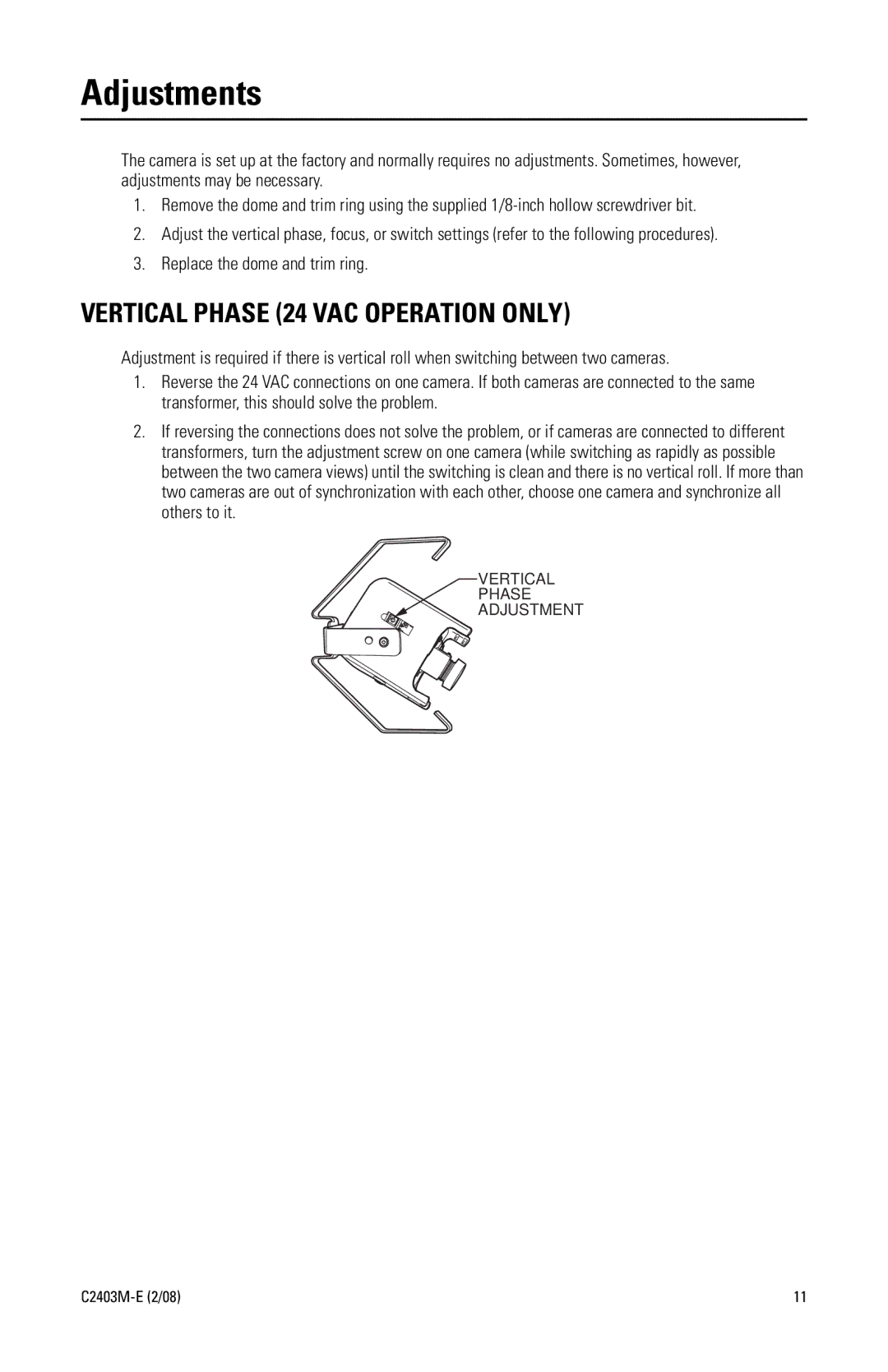 Pelco C2403M-E (2/08) manual Adjustments, Vertical Phase 24 VAC Operation only 