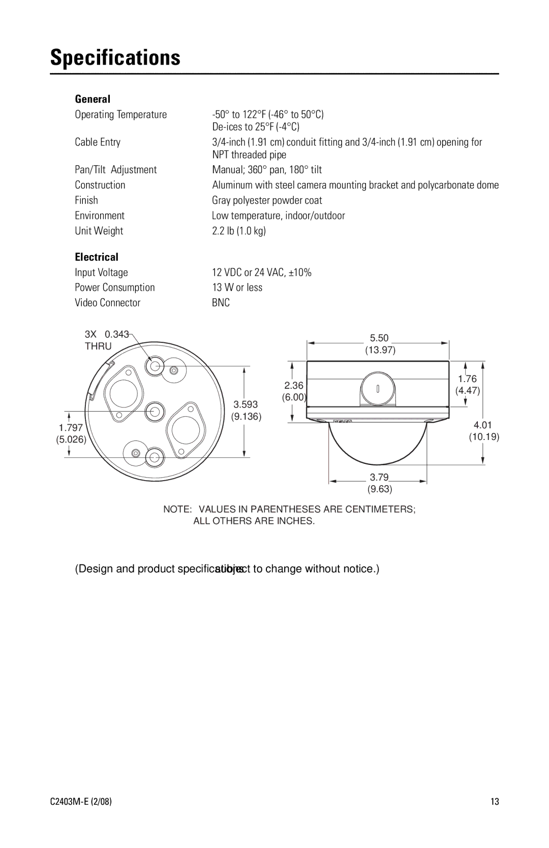 Pelco C2403M-E (2/08) manual Specifications, General 