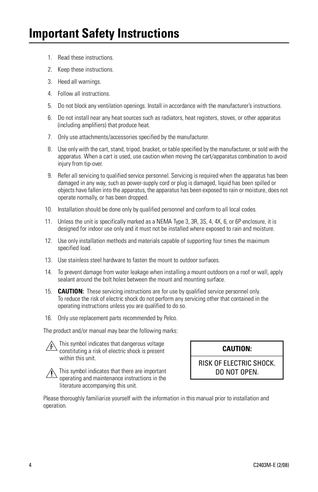 Pelco C2403M-E (2/08) manual Important Safety Instructions, Risk of Electric Shock Do not Open 