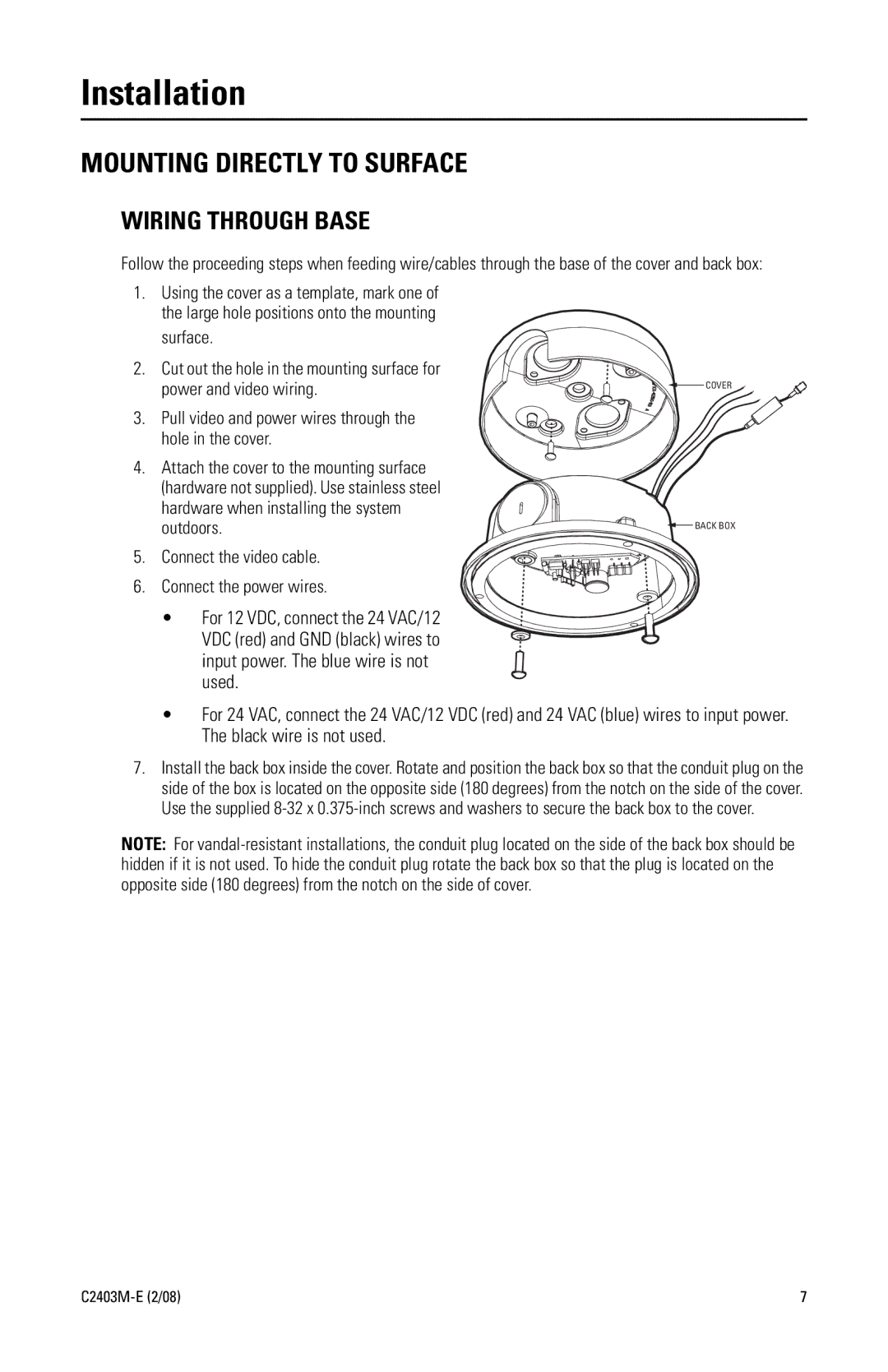 Pelco C2403M-E (2/08) manual Installation, Mounting Directly to Surface 