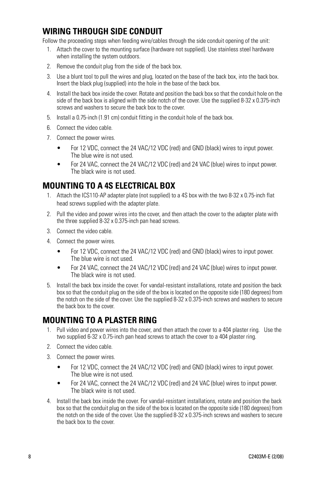 Pelco C2403M-E (2/08) manual Wiring Through Side Conduit 