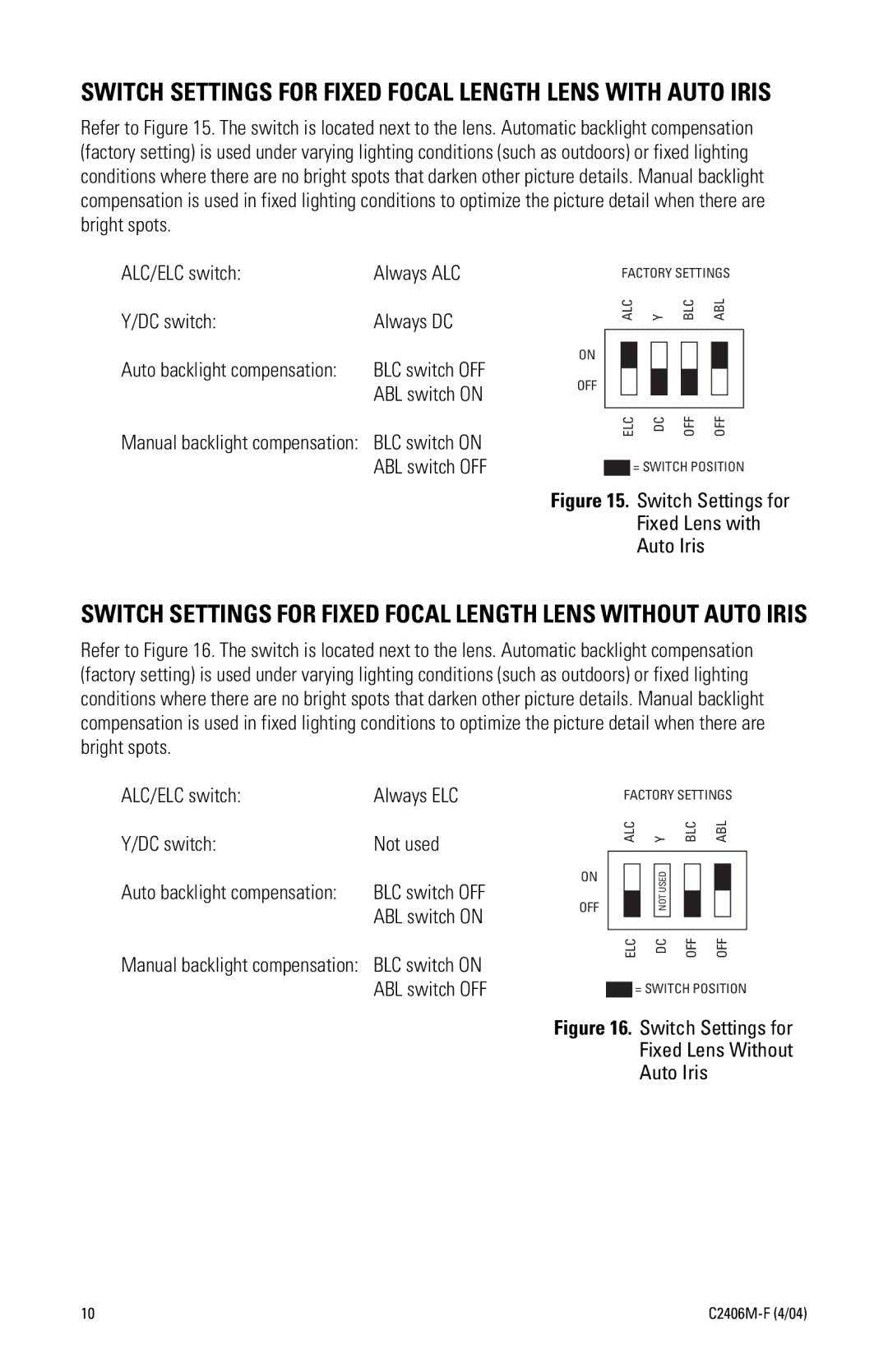 Pelco C2406M-F (4/04) manual Switch Settings for Fixed Focal Length Lens with Auto Iris 