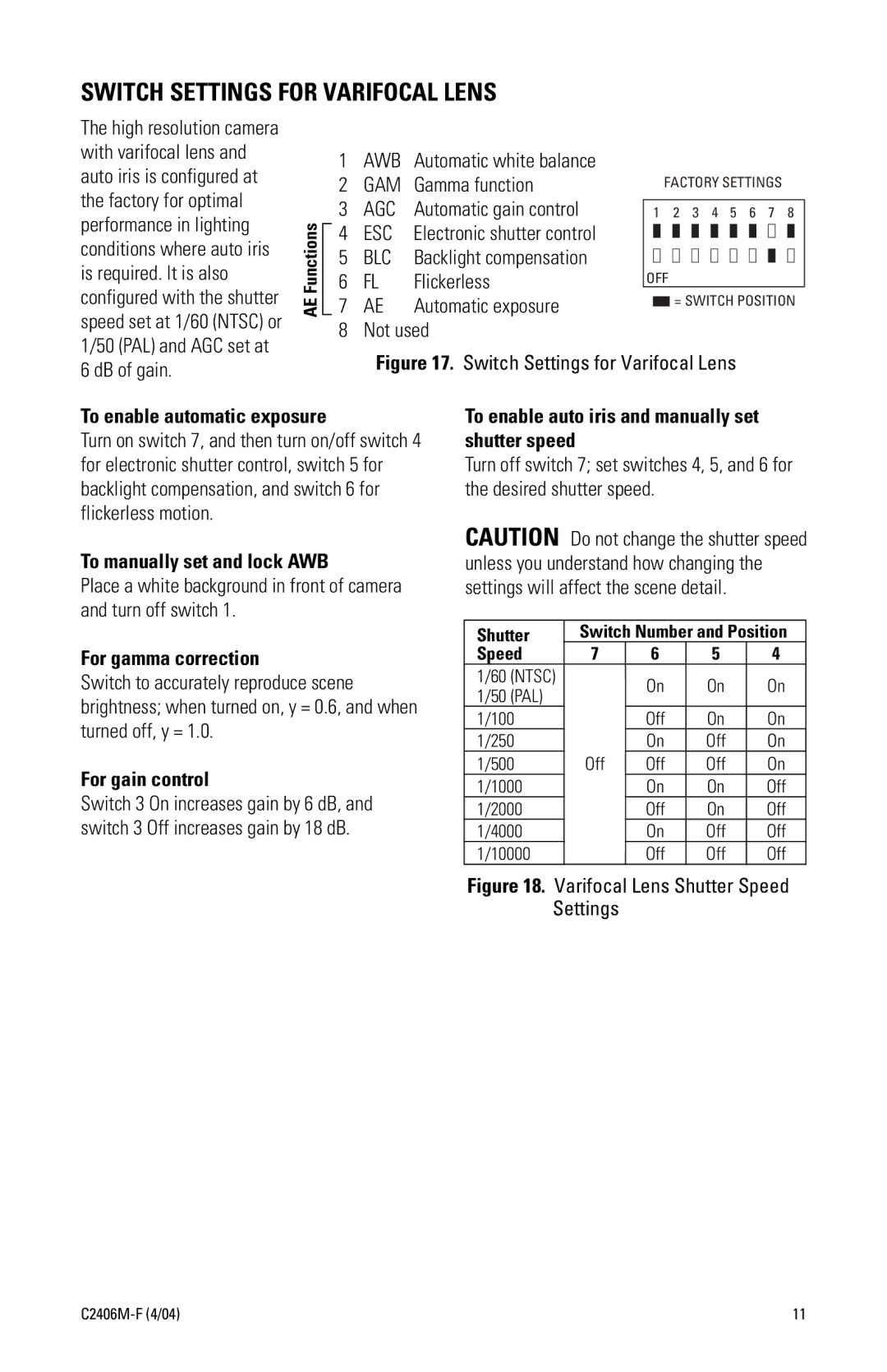 Pelco C2406M-F (4/04) manual Switch Settings for Varifocal Lens, Blc 