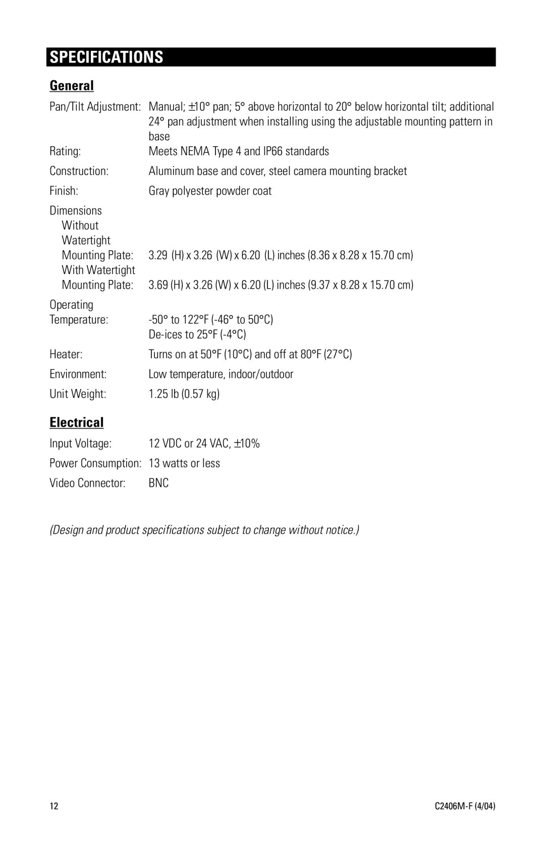 Pelco C2406M-F (4/04) manual Specifications, General 