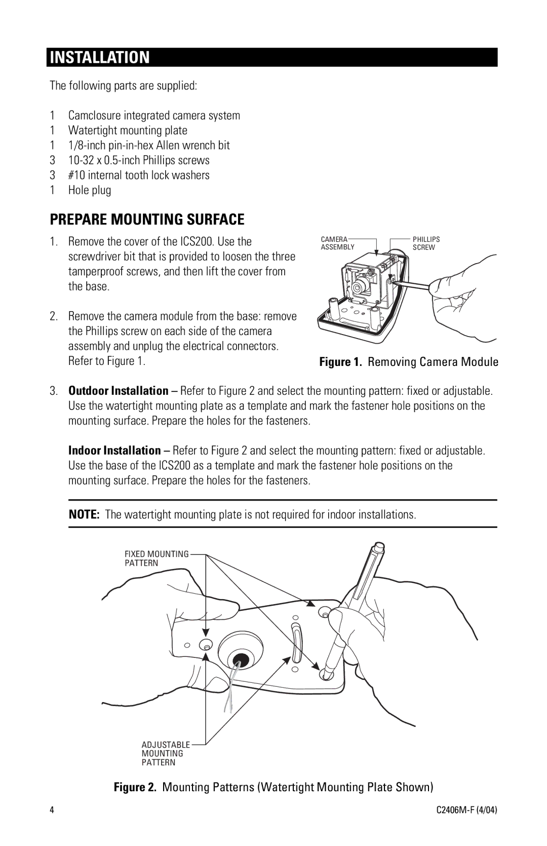 Pelco C2406M-F (4/04) manual Installation, Prepare Mounting Surface 