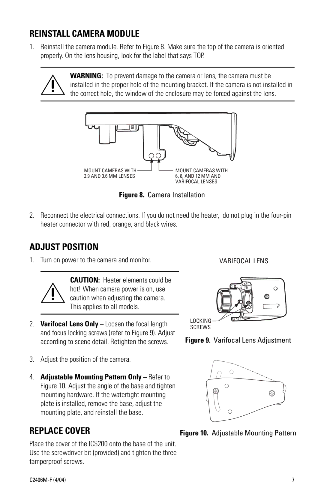 Pelco C2406M-F (4/04) manual Reinstall Camera Module, Adjust Position, Replace Cover 