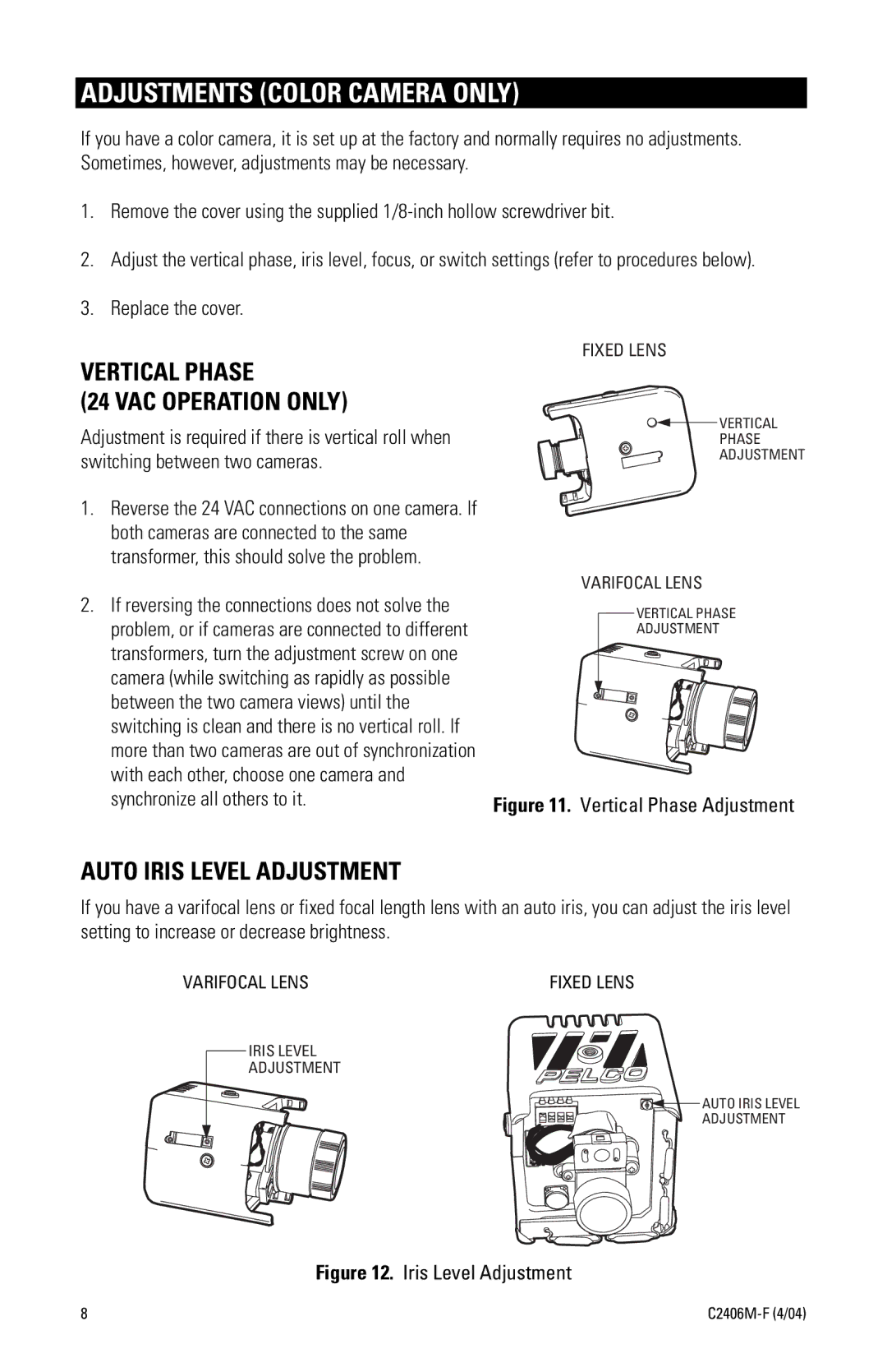Pelco C2406M-F (4/04) manual Adjustments Color Camera only, Vertical Phase VAC Operation only, Auto Iris Level Adjustment 