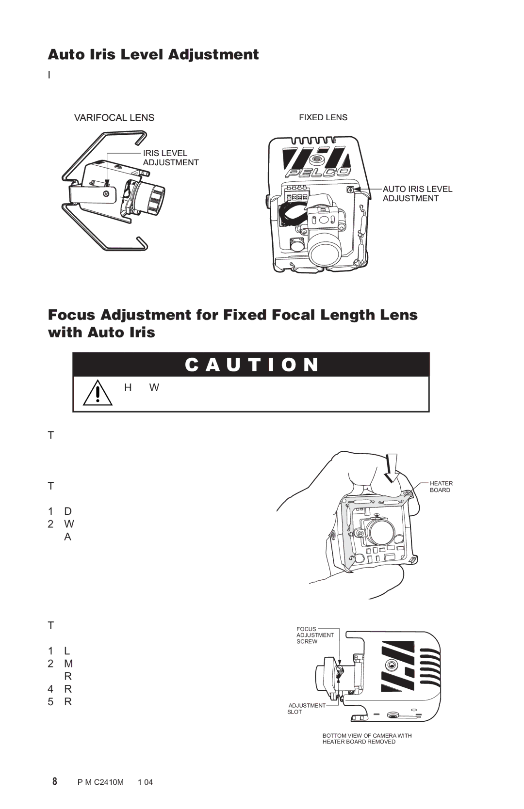 Pelco C2410M-G manual Auto Iris Level Adjustment, Focus Adjustment for Fixed Focal Length Lens with Auto Iris 