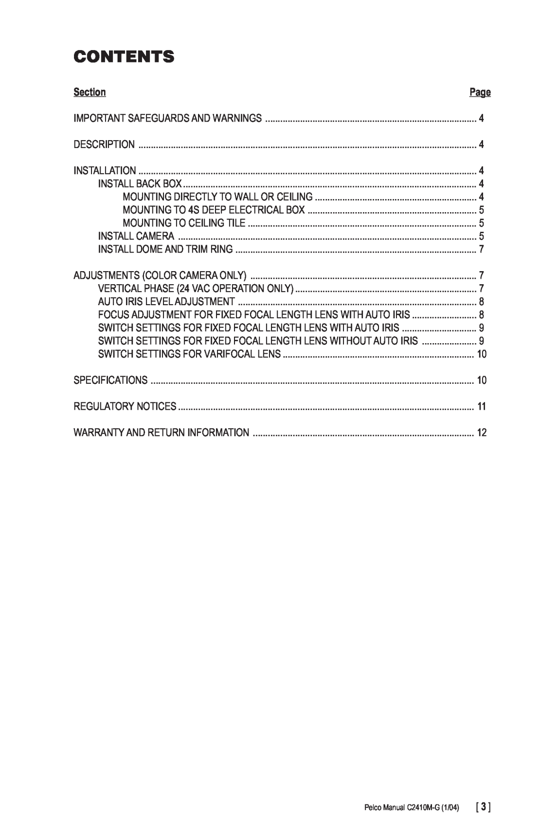 Pelco C2410M-G manual Contents, Section, Page 