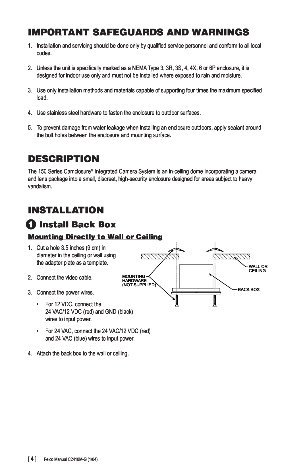 Pelco C2410M-G manual Important Safeguards And Warnings, Description, Installation, 1Install Back Box 