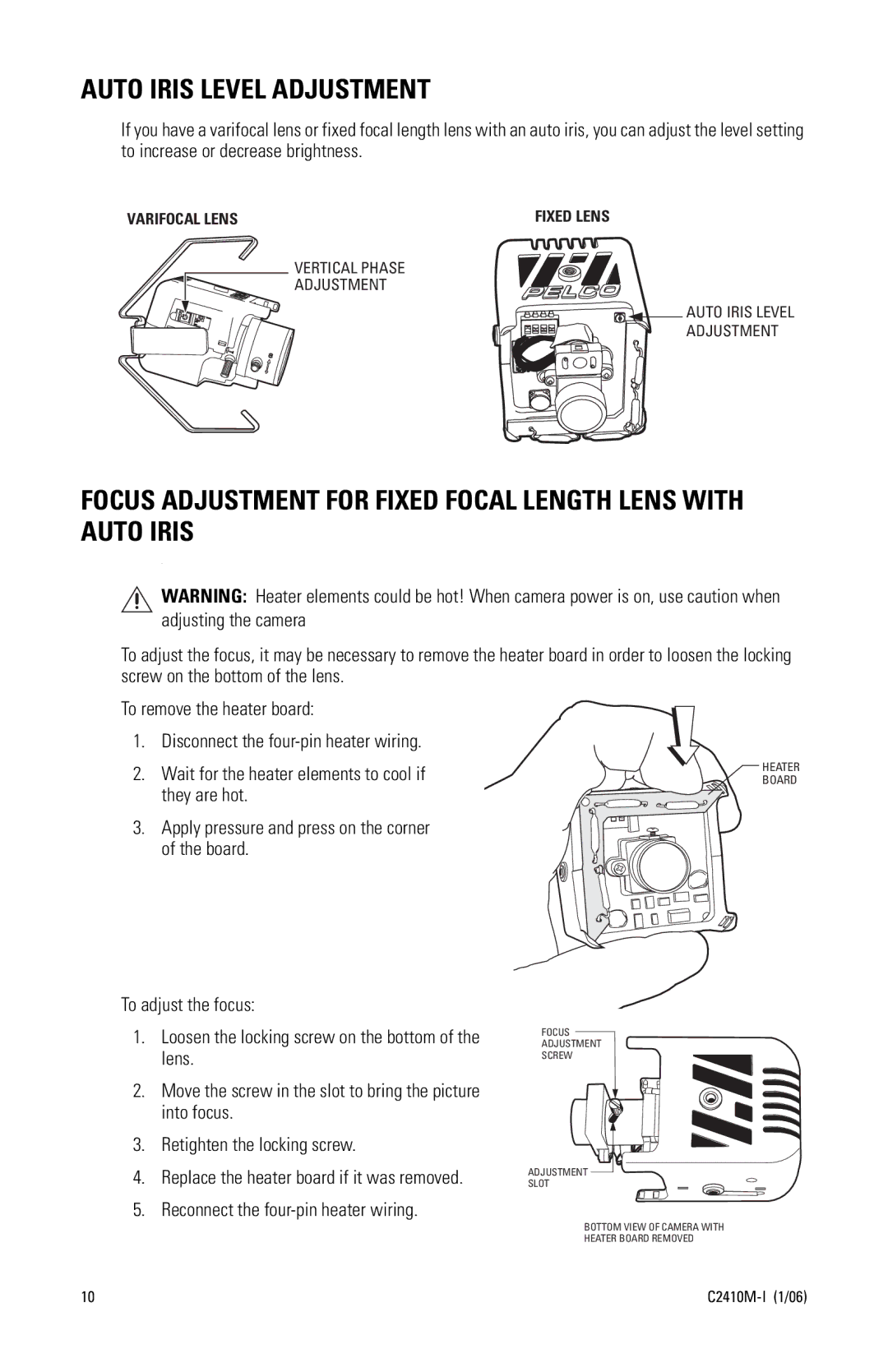 Pelco C2410M-I (1/06) manual Auto Iris Level Adjustment, Focus Adjustment for Fixed Focal Length Lens with Auto Iris 