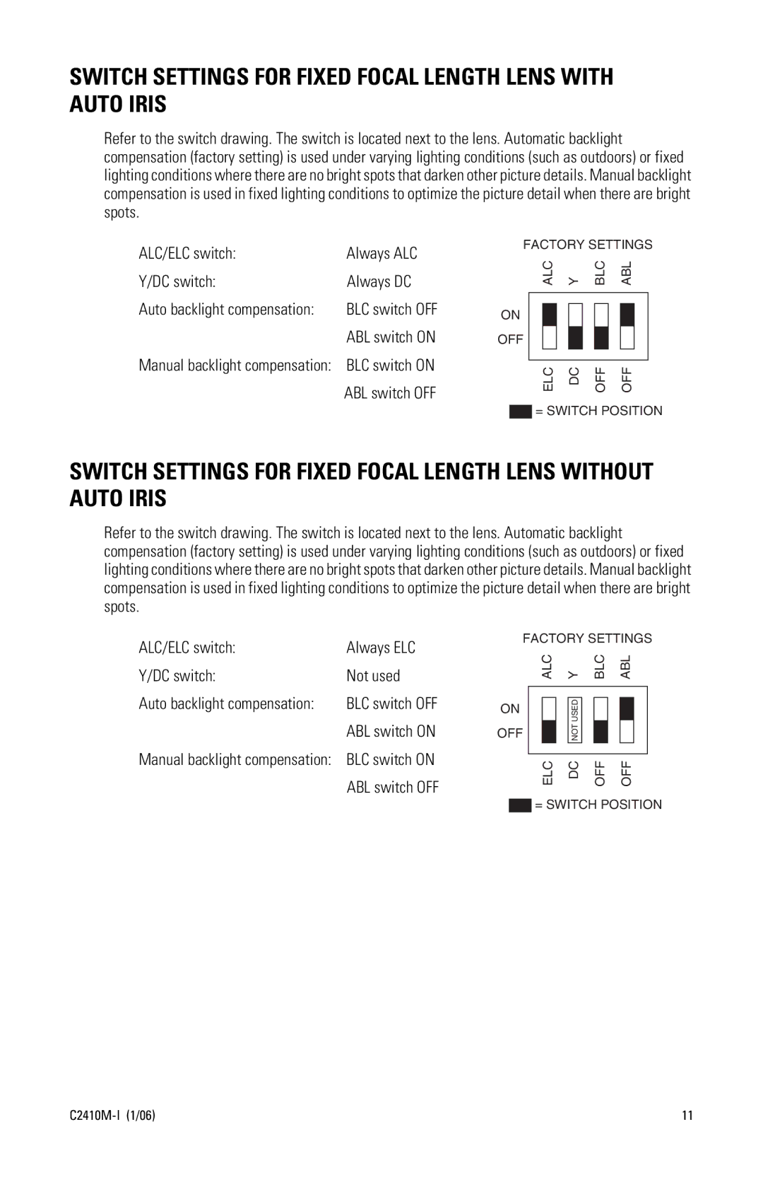 Pelco C2410M-I (1/06) manual Switch Settings for Fixed Focal Length Lens with Auto Iris 