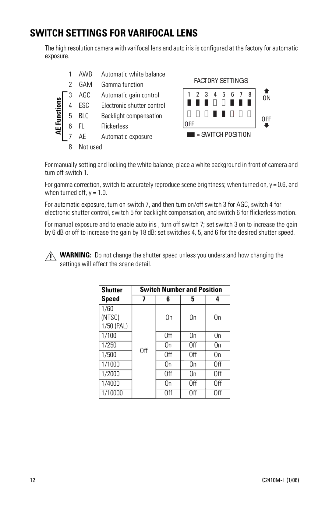 Pelco C2410M-I (1/06) manual Switch Settings for Varifocal Lens, AE Functions 
